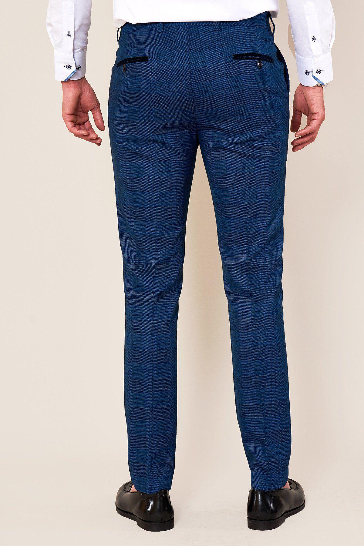 JERRY Skinny Fit Blue Check Trousers for Men - Slim Fit Casual Pants with Checkered Pattern - Perfect for Office, Business Casual or Night Out