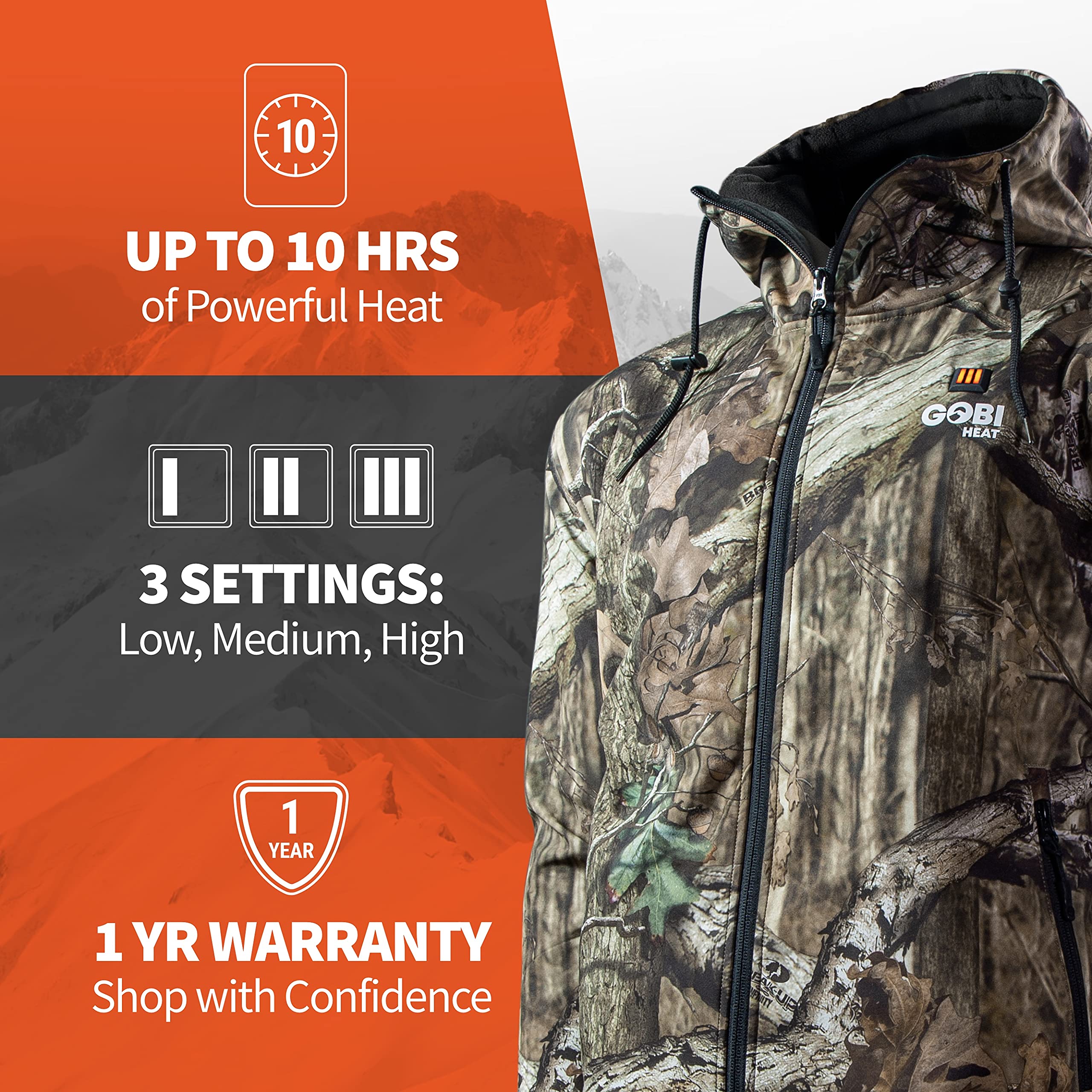 Heated Hunting Hoodie for Men - 10 Hours Battery Life, 3 Adjustable Heat Zones, Zippered Pockets | Includes Rechargeable Battery & USB Charging Cable | Ideal for Winter Hunting, Camping & Outdoor Activities