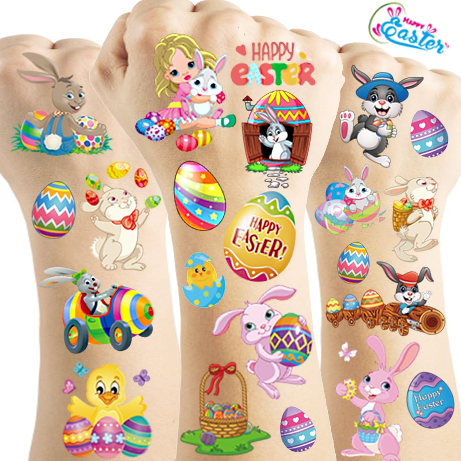 10 Sheets Happy Easter Temporary Tattoos for Kids - Bunny & Egg Designs - Easter Party Favors, Goodie Bag Fillers, Basket Stuffers - Perfect for Easter Celebrations, Egg Hunts & Classroom Activities
