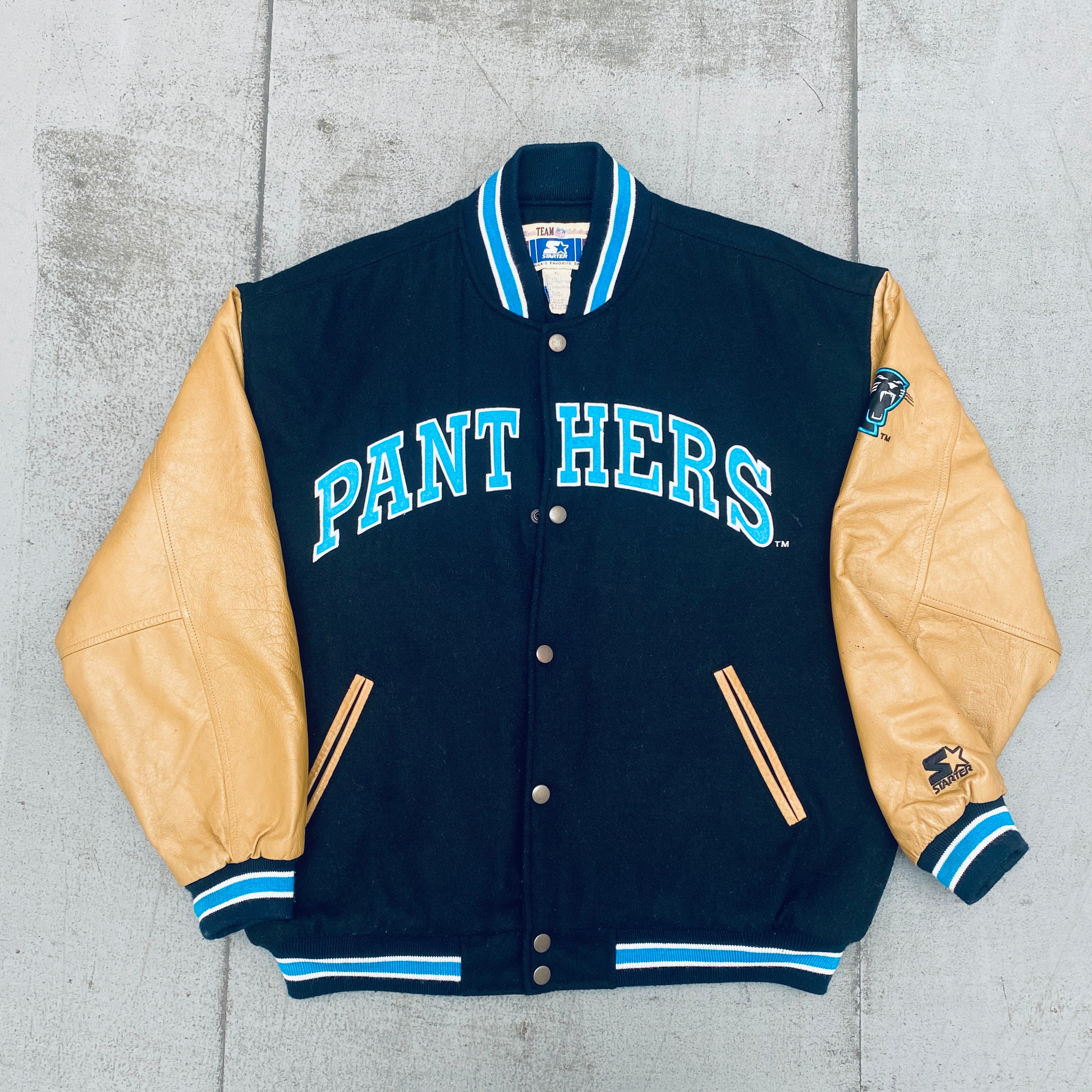Carolina Panthers 1990s Vintage Leather Sleeve Wool Starter Varsity Jacket XL - NFL Football Fan Gear, Retro Sports Outerwear for Men & Women, Perfect for Game Day & Casual Wear
