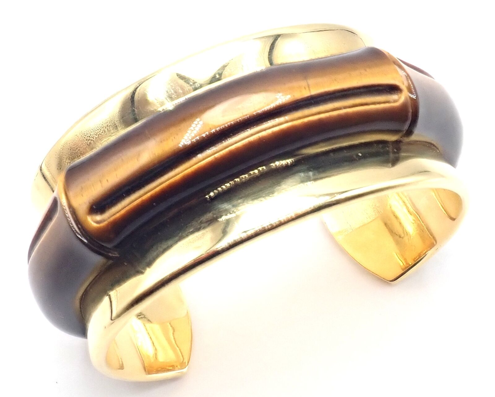 Authentic Tiffany & Co 18K Yellow Gold Tiger Eye Bangle Cuff Wide Bracelet for Women - Luxury Statement Jewelry for Parties, Weddings & Special Occasions