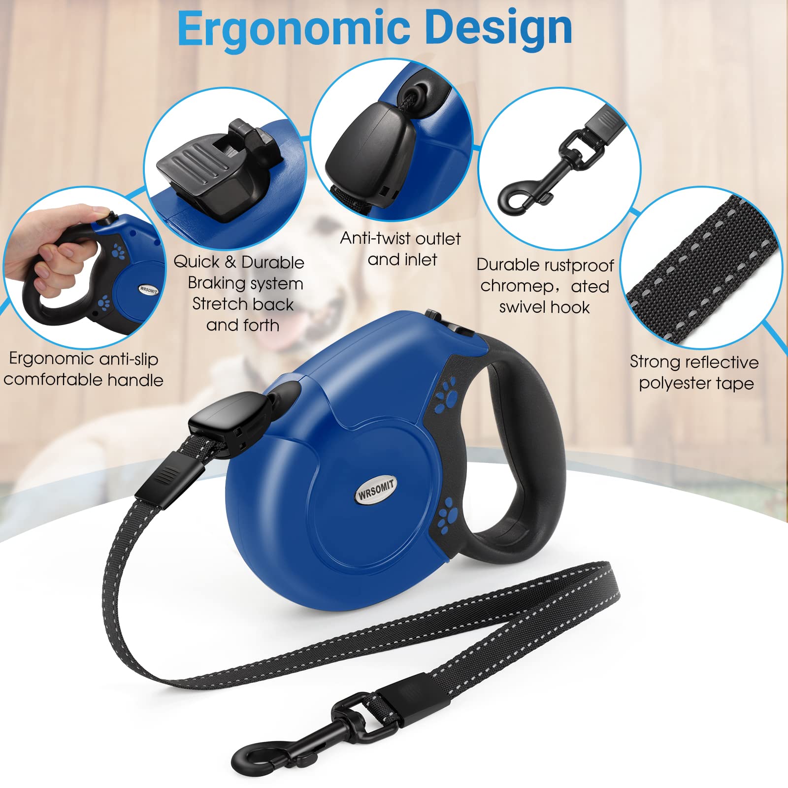26FT Retractable Dog Leash - Heavy Duty Nylon Tape Leash for Small Medium Large Dogs up to 110lbs - Anti-Slip Handle & One-Handed Brake - 360° Tangle-Free Design (Blue) - Perfect for Walking, Running, Training and Outdoor Adventures with Your Pet