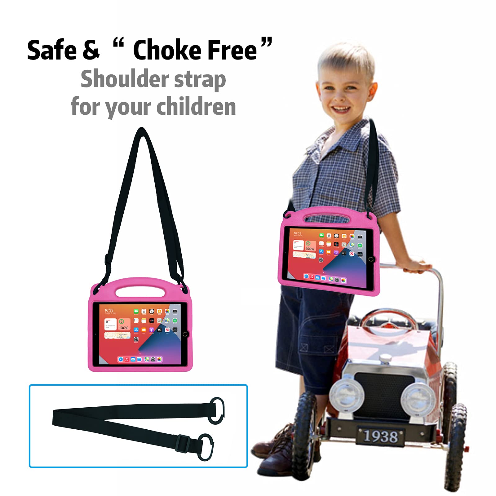Shockproof Kids iPad Case for iPad 9th/8th/7th Gen (2021/2020/2019) 10.2 inch, iPad Air 3 & iPad Pro 10.5 inch - Lightweight Protective Cover with Adjustable Shoulder Strap (Rose) | Perfect for School, Travel & Outdoor Activities