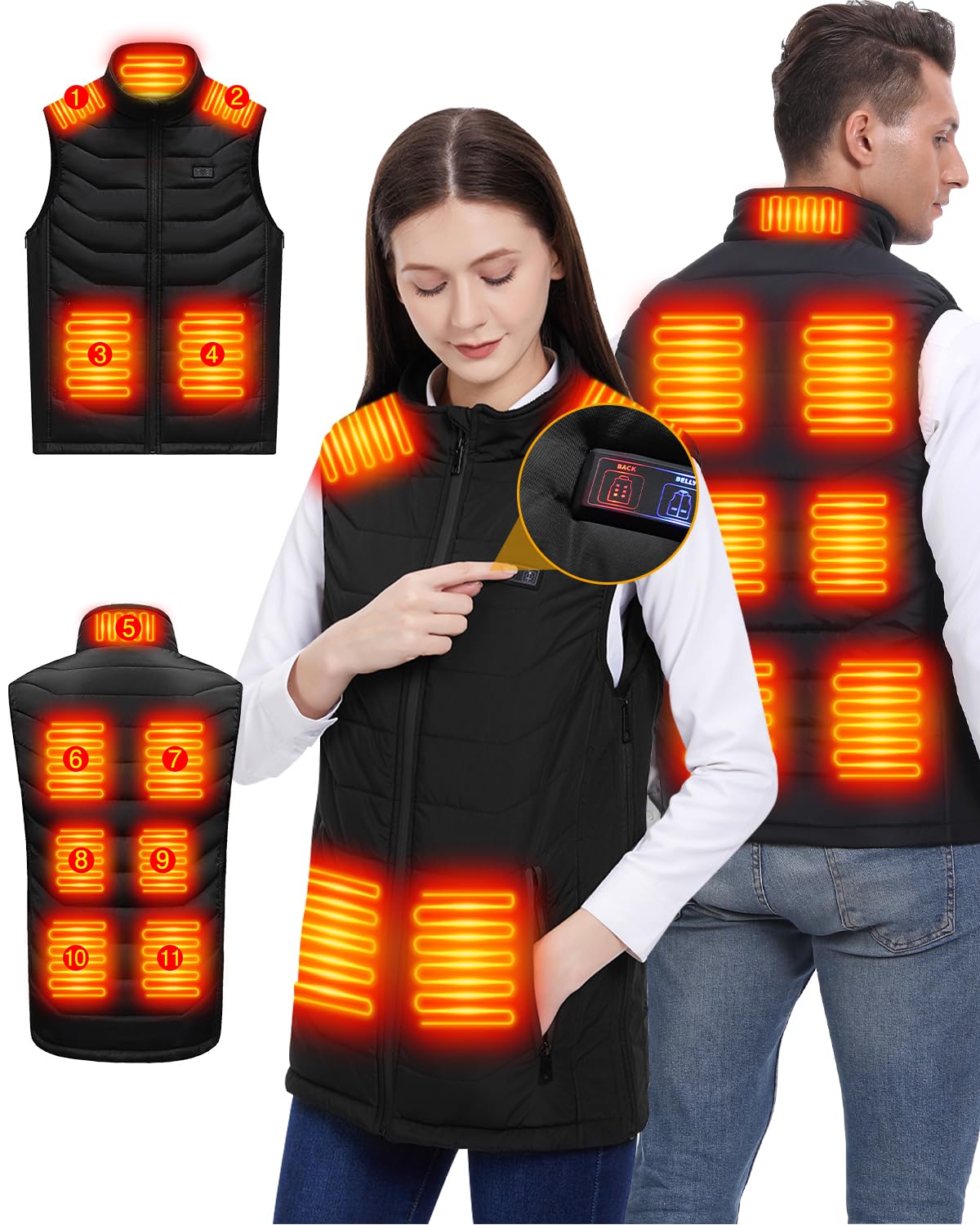 Electric Heated Vest for Women & Men - 11 Heat Zones USB Rechargeable Warming Vest | Winter Outdoor Activities, Hiking, Camping, Skiing