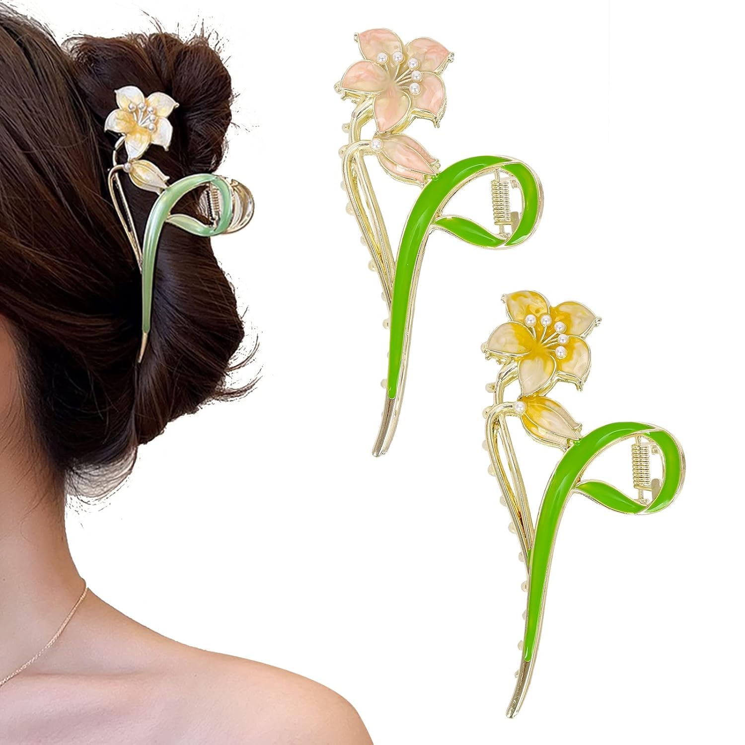 HONEY ACCESSORIES Pack of 2 Large Metal Lily Flower Hair Claw Clips - Floral Hair Clips for Women & Girls (Multi-Color) - Perfect for Parties, Weddings & Everyday Styling