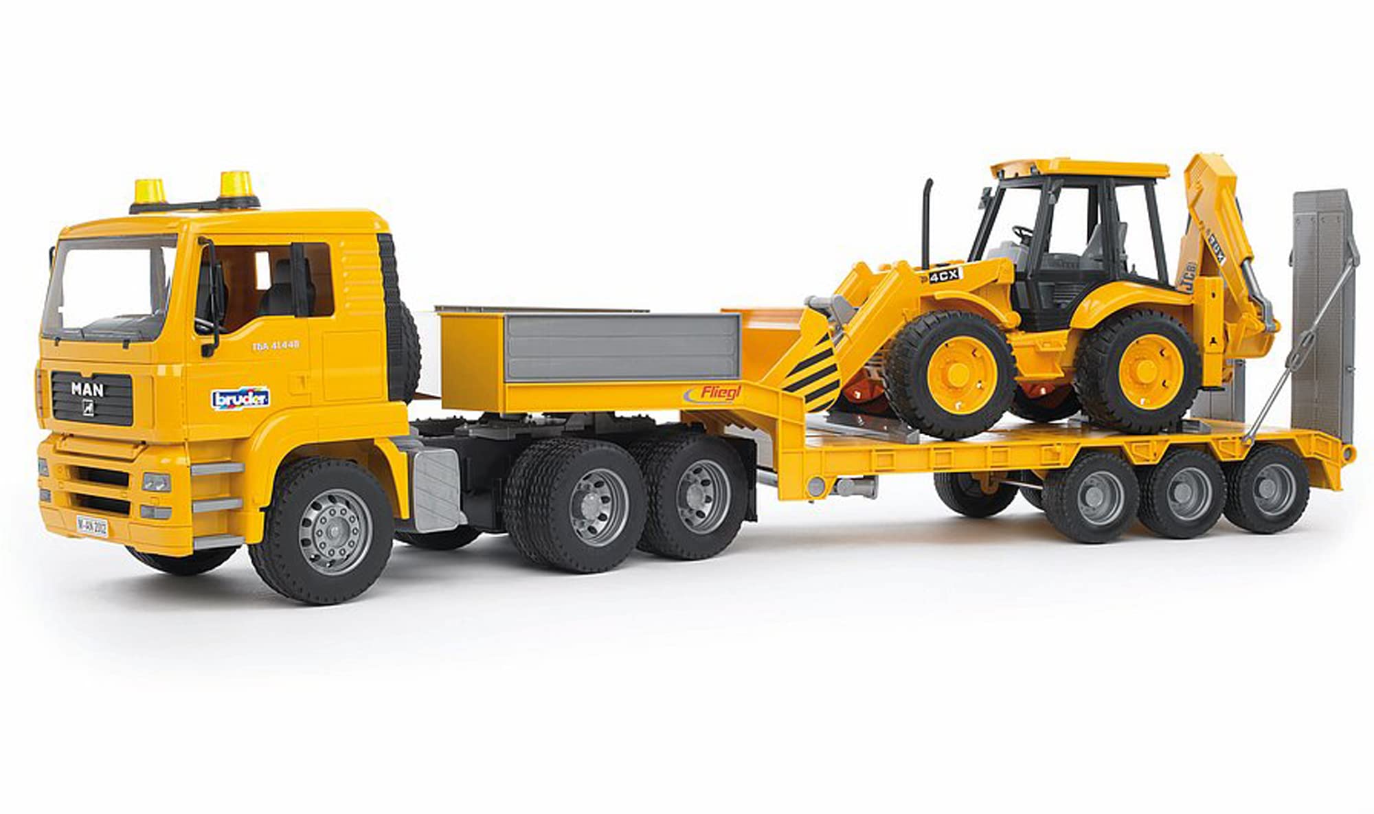 Bruder Toys Man TGA Low Loader Truck with JCB Backhoe Loader - Realistic Construction Vehicle Toy for Kids, Durable Die-Cast Play Set - Perfect for Pretend Play, Construction Site Scenes, and Collectors