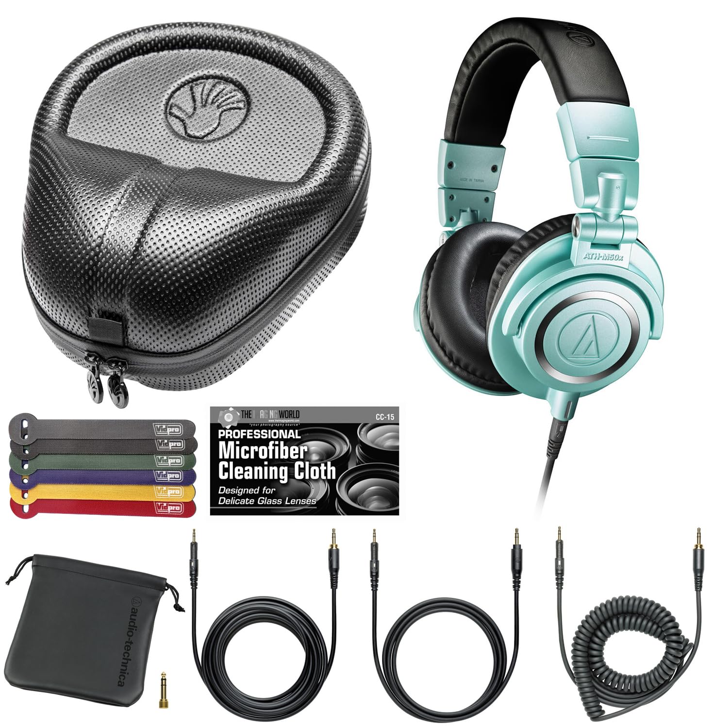 Audio-Technica ATH-M50x Professional Studio Monitor Headphones (Ice Blue) with Slappa HardBody PRO Headphone Case - Perfect for DJs, Music Producers & Audiophiles - High-Quality Sound Isolation & Durable Protection for Travel & Studio Use