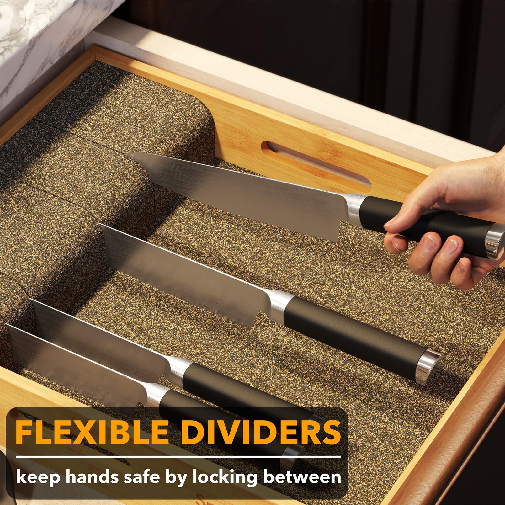 SpaceAid Large Bamboo Knife Drawer Organizer - Premium Steak Knife Holder & Kitchen Storage Insert for Drawers | Perfect for Kitchen Organization & Utensil Storage (Large Size)