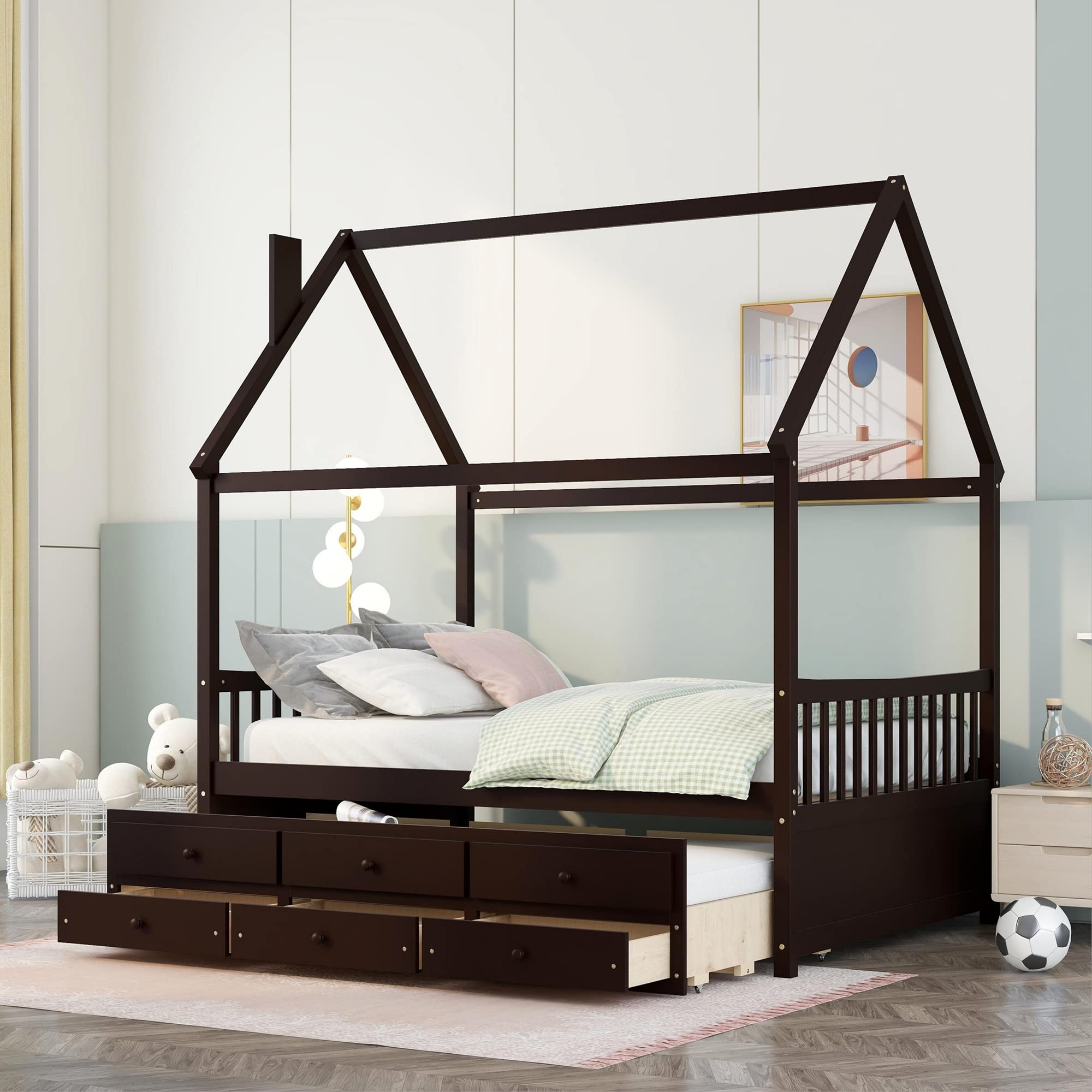 P PURLOVE Full House Wooden Bed Frame for Kids with Trundle & Storage Drawers - Twin Size Playhouse Bed with Fence Guardrail & Roof - Perfect for Teens, Girls & Boys Bedrooms, Playrooms & Small Spaces