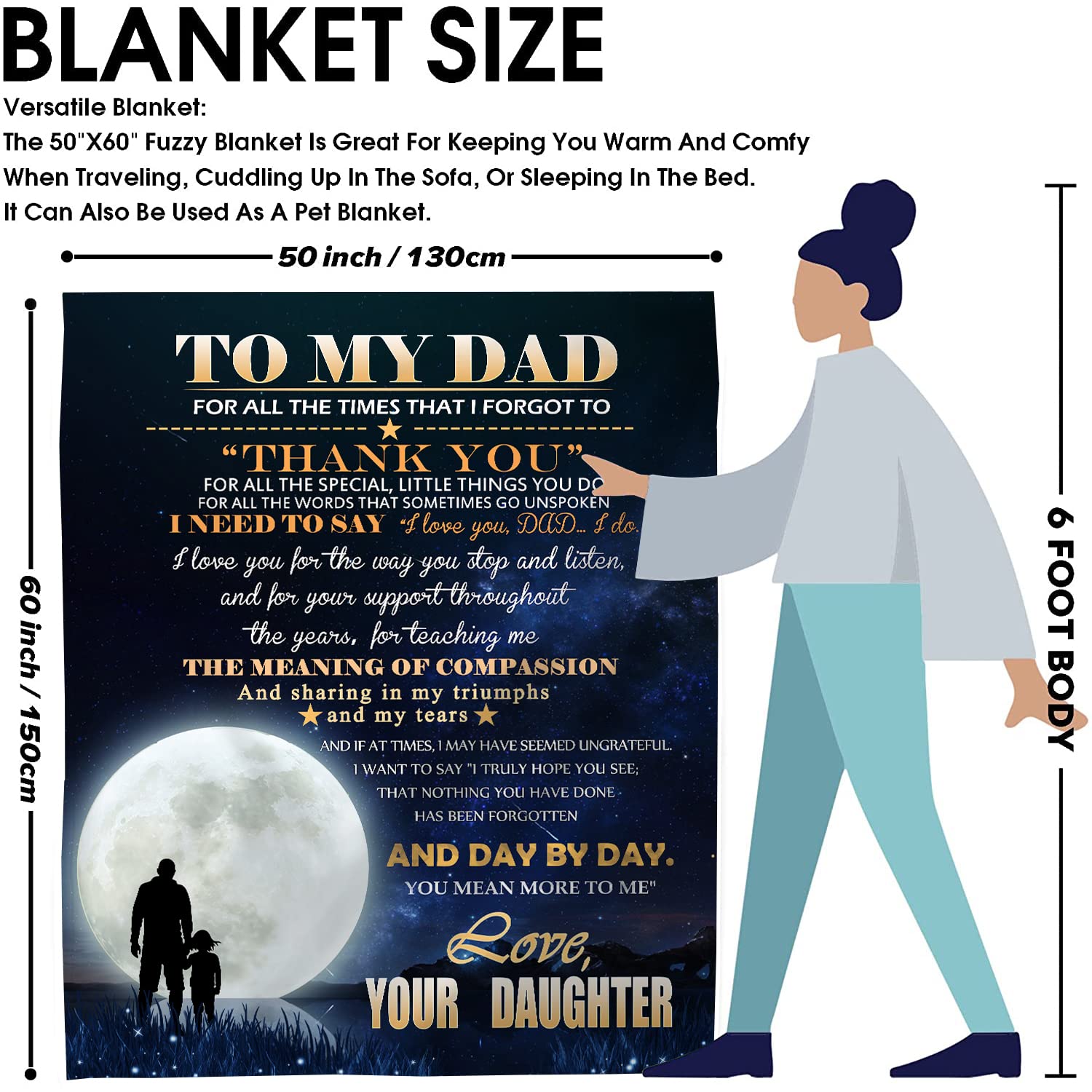 Personalized Birthday Gifts for Dad from Daughter - Soft Fleece Blanket with Heartwarming Message - Perfect Father's Day Present for Dad - Great for Couch, Bed & Family Movie Nights