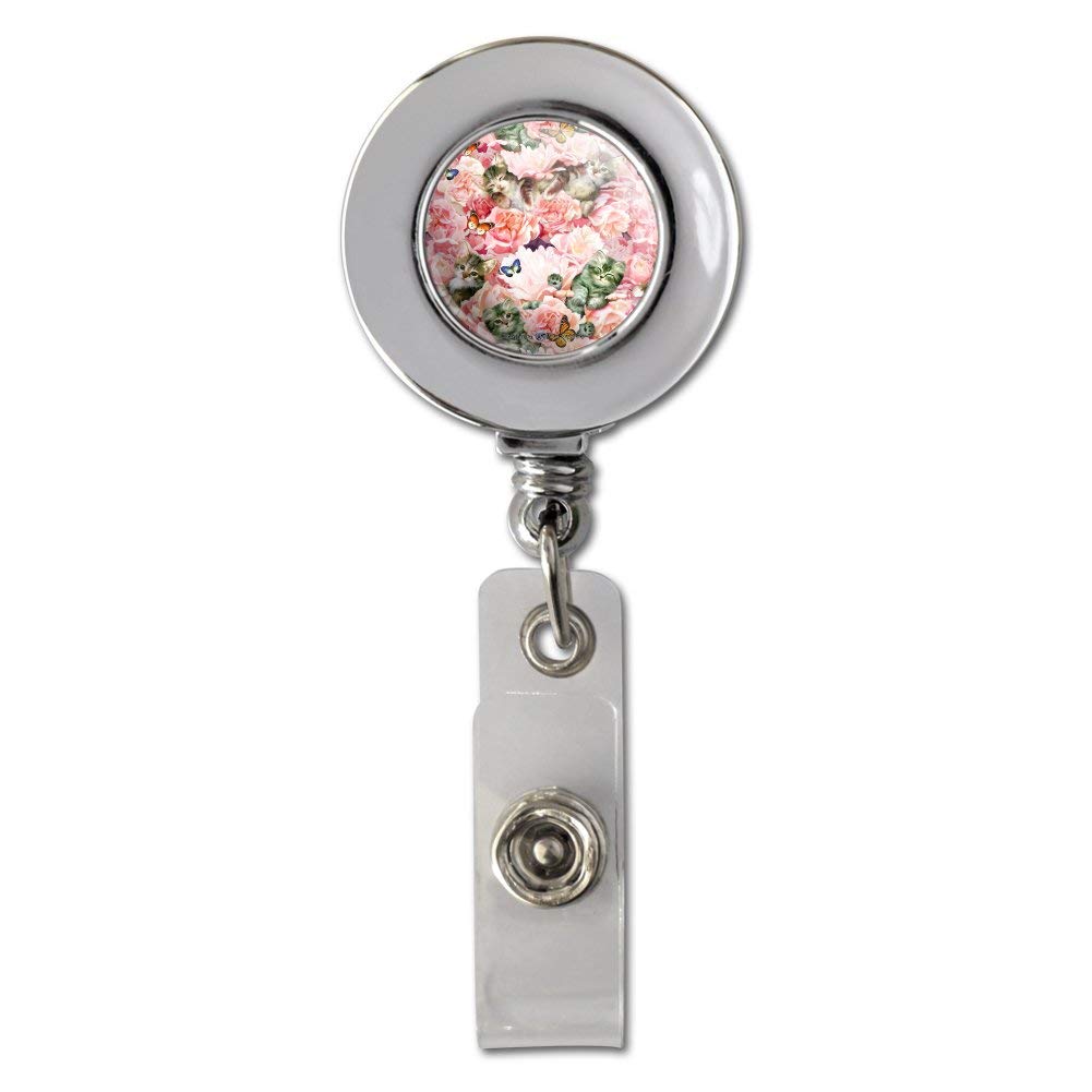 Pink Flower Cat ID Badge Holder - Retractable Reel Clip for Work & School