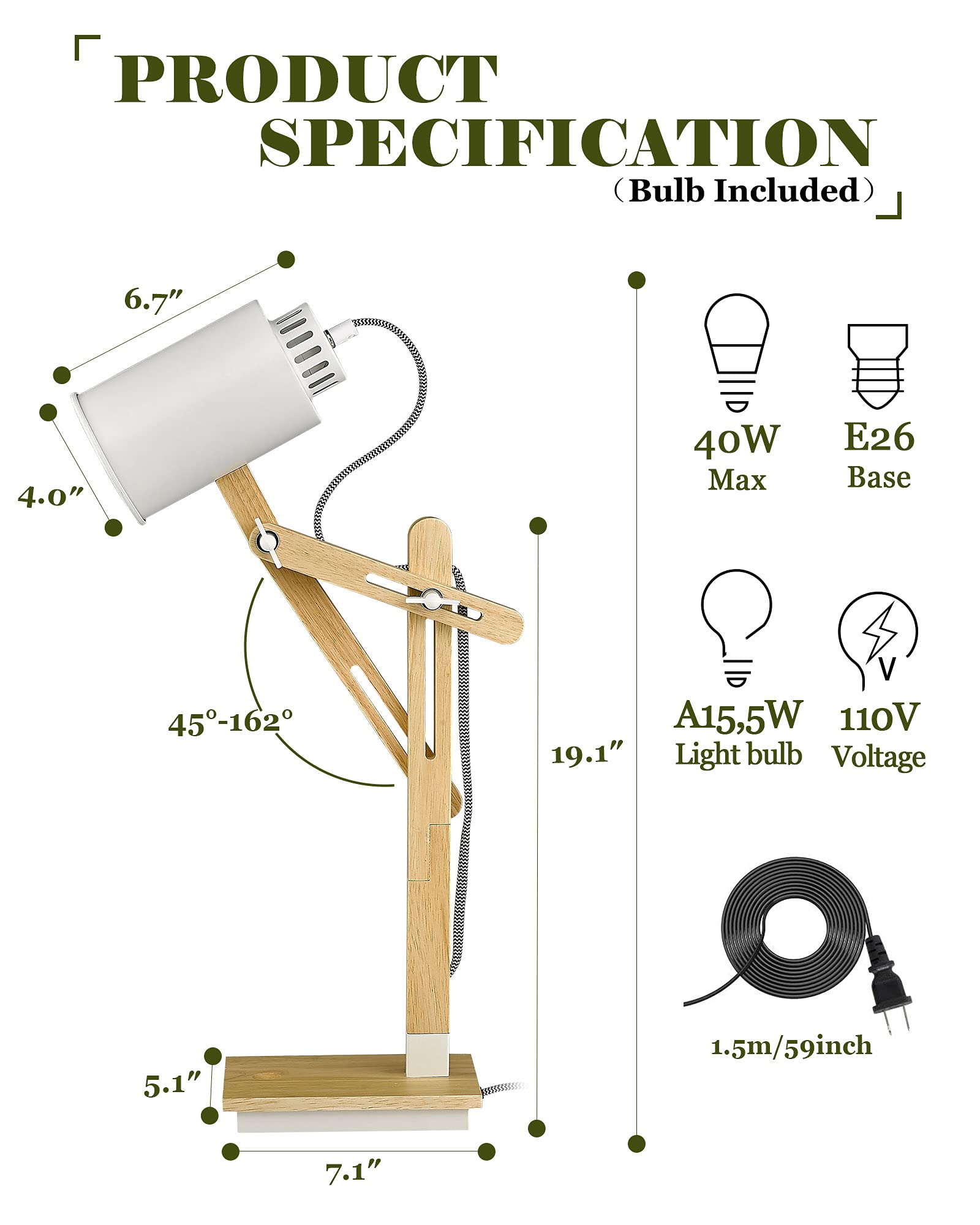 ELYONA Wireless Charging Desk Lamp with USB Port - Touch Control Adjustable Swing Arm Table Lamp for Office, Dorm, Bedroom & Living Room - Natural Rubber Wood Base with Included Bulb - Perfect for Reading, Working & Nightstand Lighting