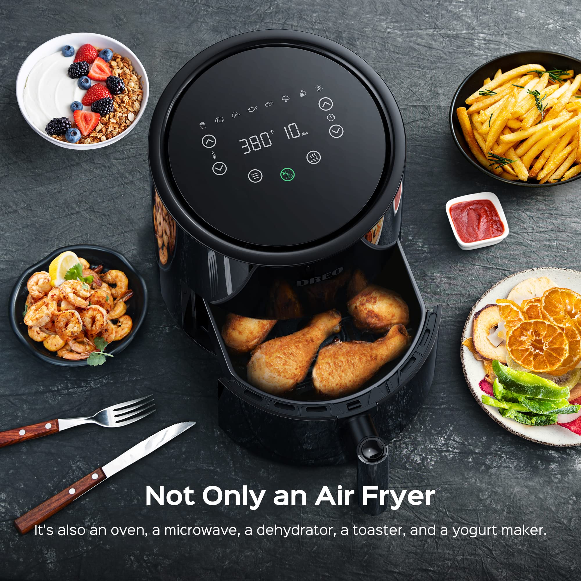 Dreo 4 Quart Digital Air Fryer Oven - 9-in-1 Multi-Cooker with 50 Recipes, 100℉-450℉ Temperature Range, Easy Touch Screen Controls, Preheat & Shake Reminder - Perfect for Family Meals, Healthy Snacks & Quick Cooking (Black, 4L, DR-KAF002)