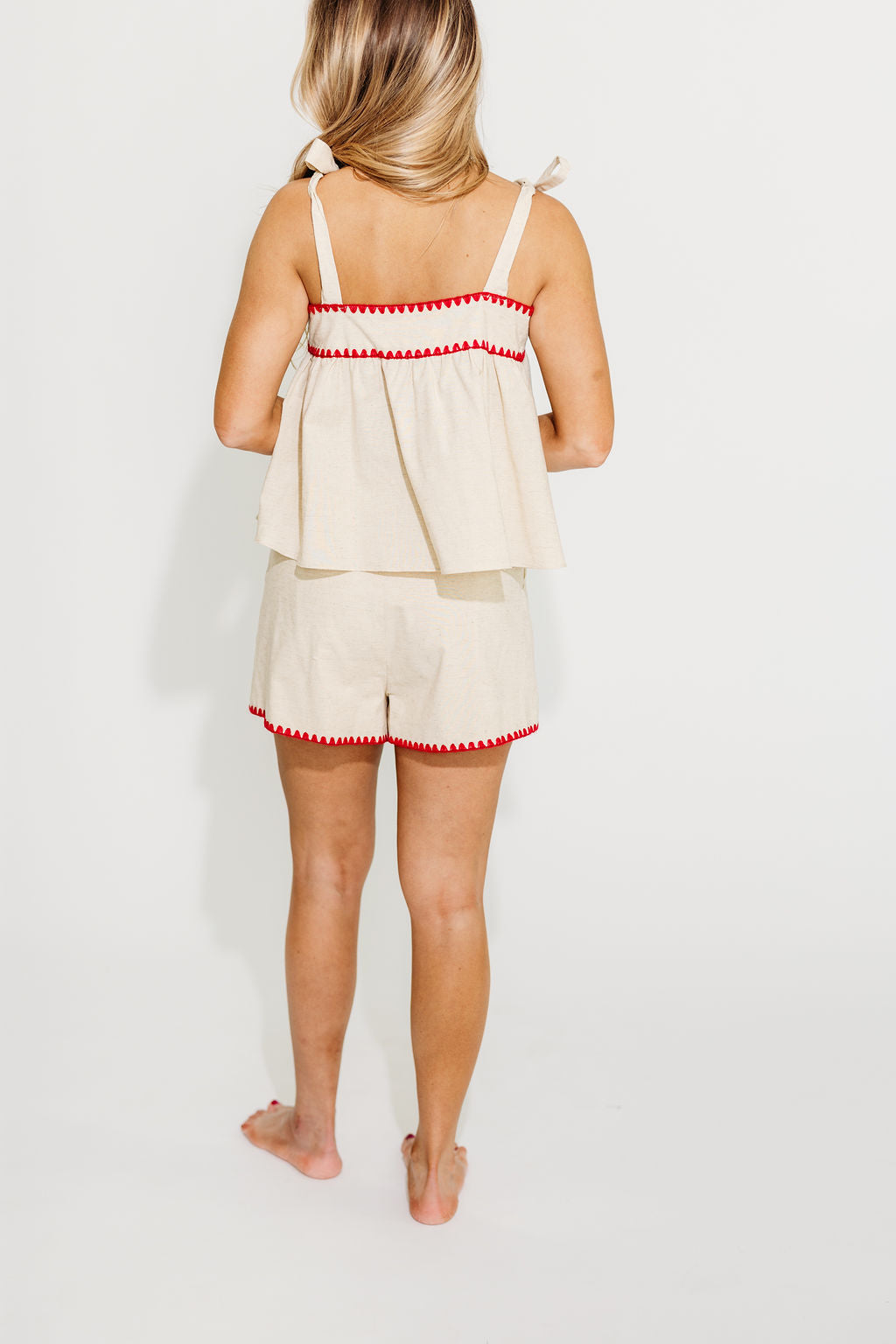 Lucille Tie Sleeve Top and Shorts Set - Oatmeal/Red Outfit for Women | Summer Casual Wear, Beach Vacation Outfit, Lounge Set