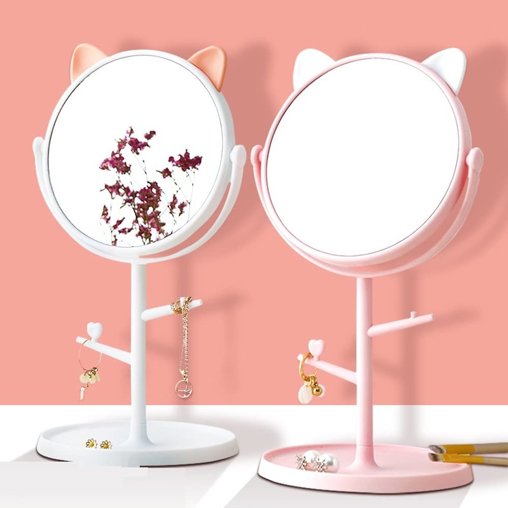 Cute Cat Ears Vanity Mirror - Folding Desk Mirror for Makeup & Freestanding Use | Pastel Pink Cosmetic Mirror for Bedroom, Bathroom & Dressing Table | Portable Compact Mirror with Adjustable Angle
