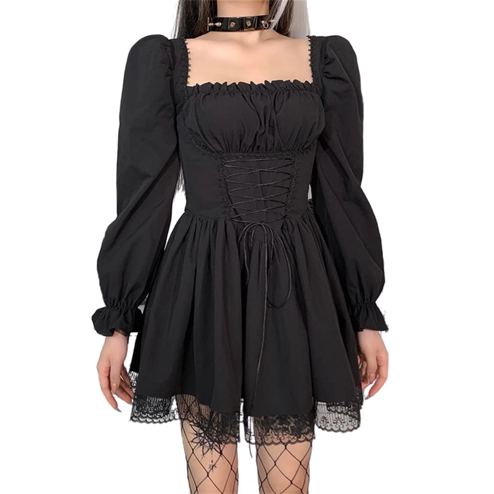 Gothic Punk Mini Dress for Women - Black Vintage Long Puff Sleeve Harajuku Princess Dress with High Waist | Perfect for Halloween, Cosplay, and Alternative Fashion Parties