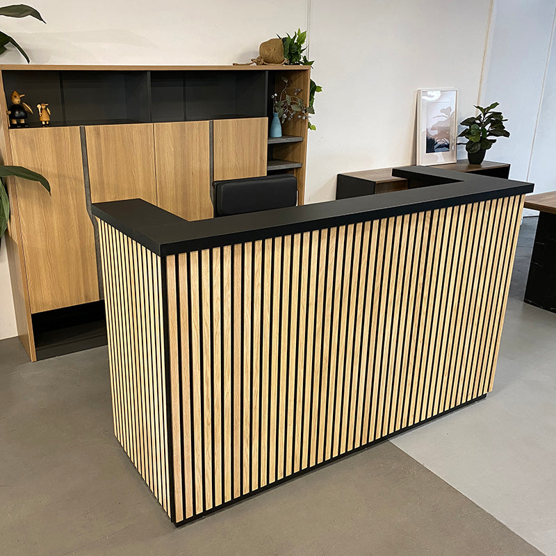 KENTO 180cm Reception Desk with Timber Slat Acoustic Panel in Black & Oak - Perfect for Office Lobby, Hotel Front Desk, and Corporate Waiting Areas