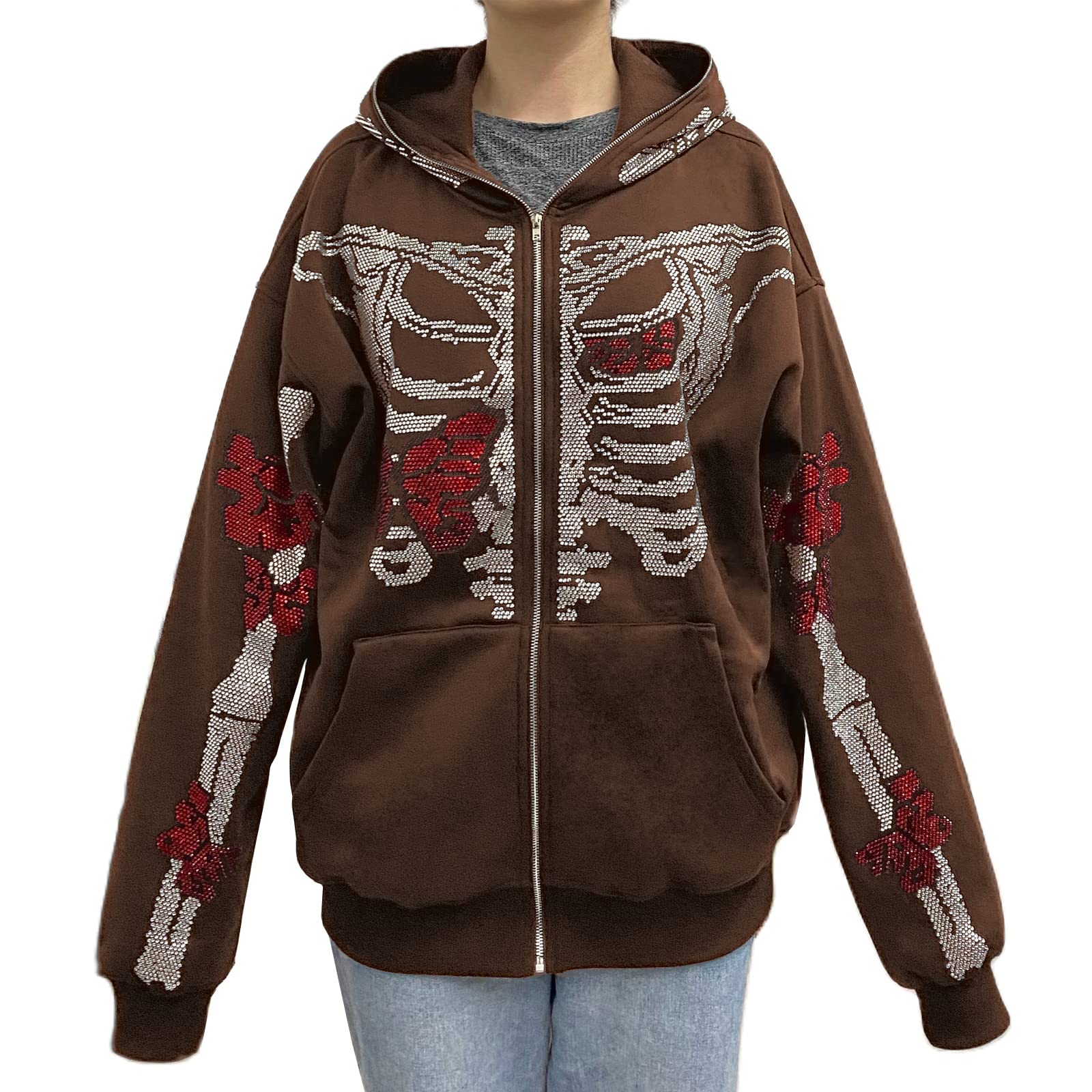 Y2K Oversized Women's Skeleton Hoodie with Rhinestone Details - Full Zip Up Skull Graphic Sweatshirt Jacket (Brown, Small) | Perfect for Halloween Costumes, Streetwear Fashion & Gothic Style Outfits
