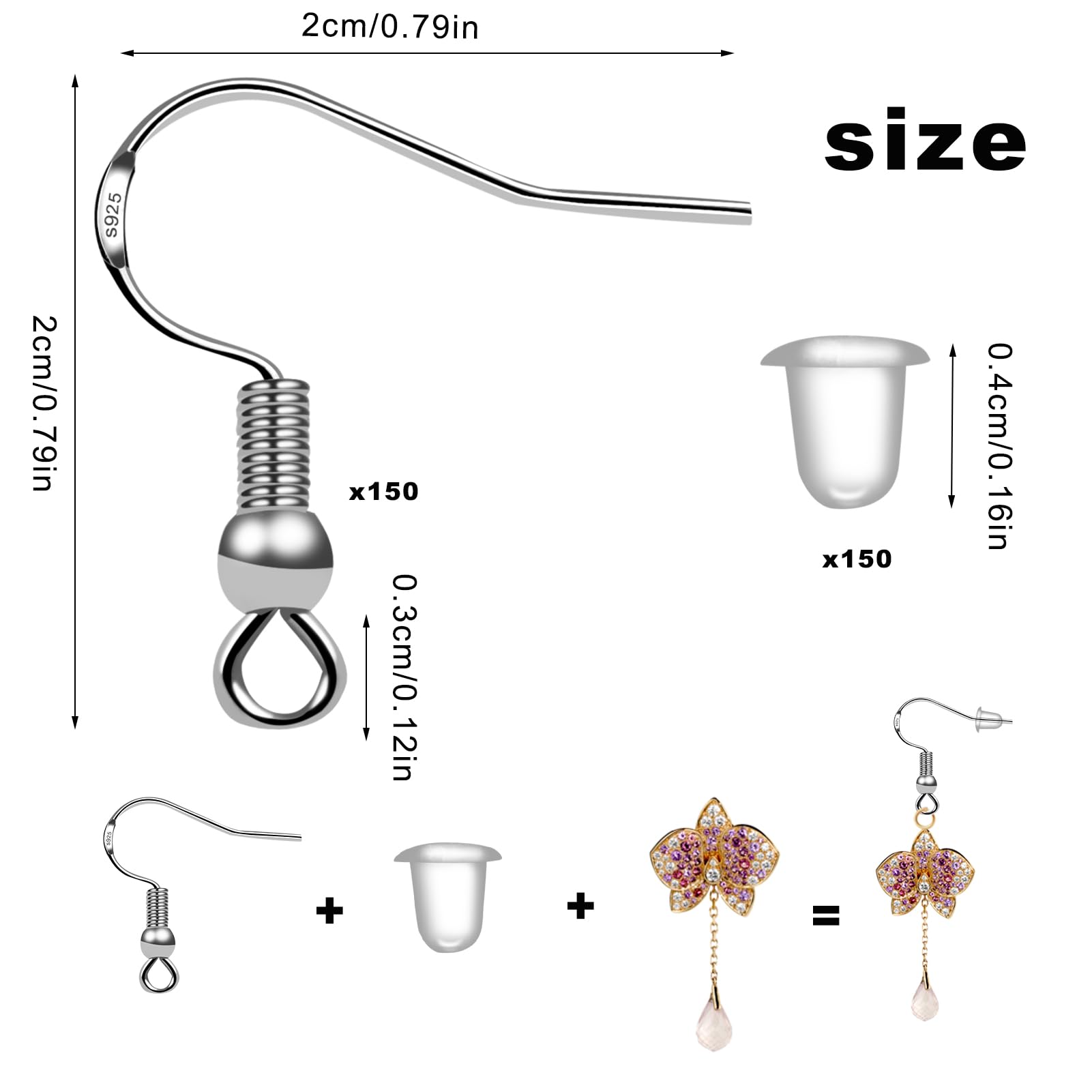 150 PCS 925 Sterling Silver Earring Hooks - 75 Pairs Fish Hook Ear Wires, French Wire Hooks for DIY Jewelry Making | Hypoallergenic Earring Findings with 150 Clear Rubber Safety Backs | Perfect for Handmade Earrings, Gifts & Craft Projects