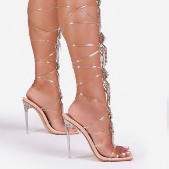 Diamond Gladiator Heels in Nude - Elegant Women's Strappy Sandals for Weddings, Parties & Special Occasions