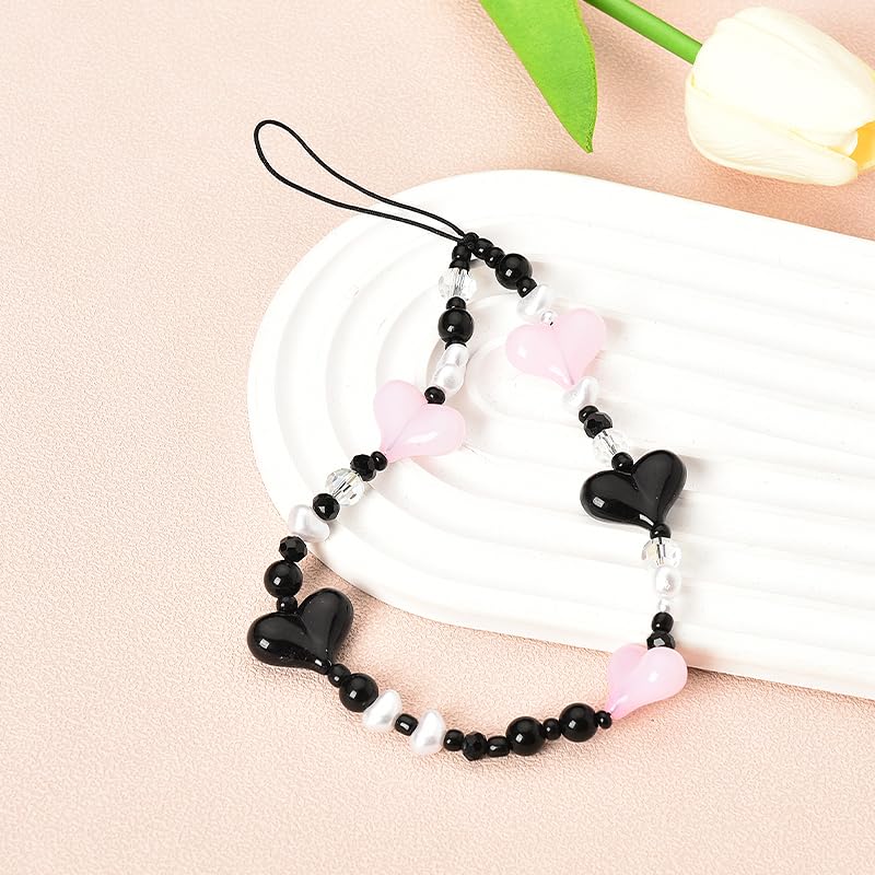 Y2K Phone Charms for Women - Black Pink Heart Beaded Phone Strap for Phone Case, Anti-Lost Wristlet for Girls