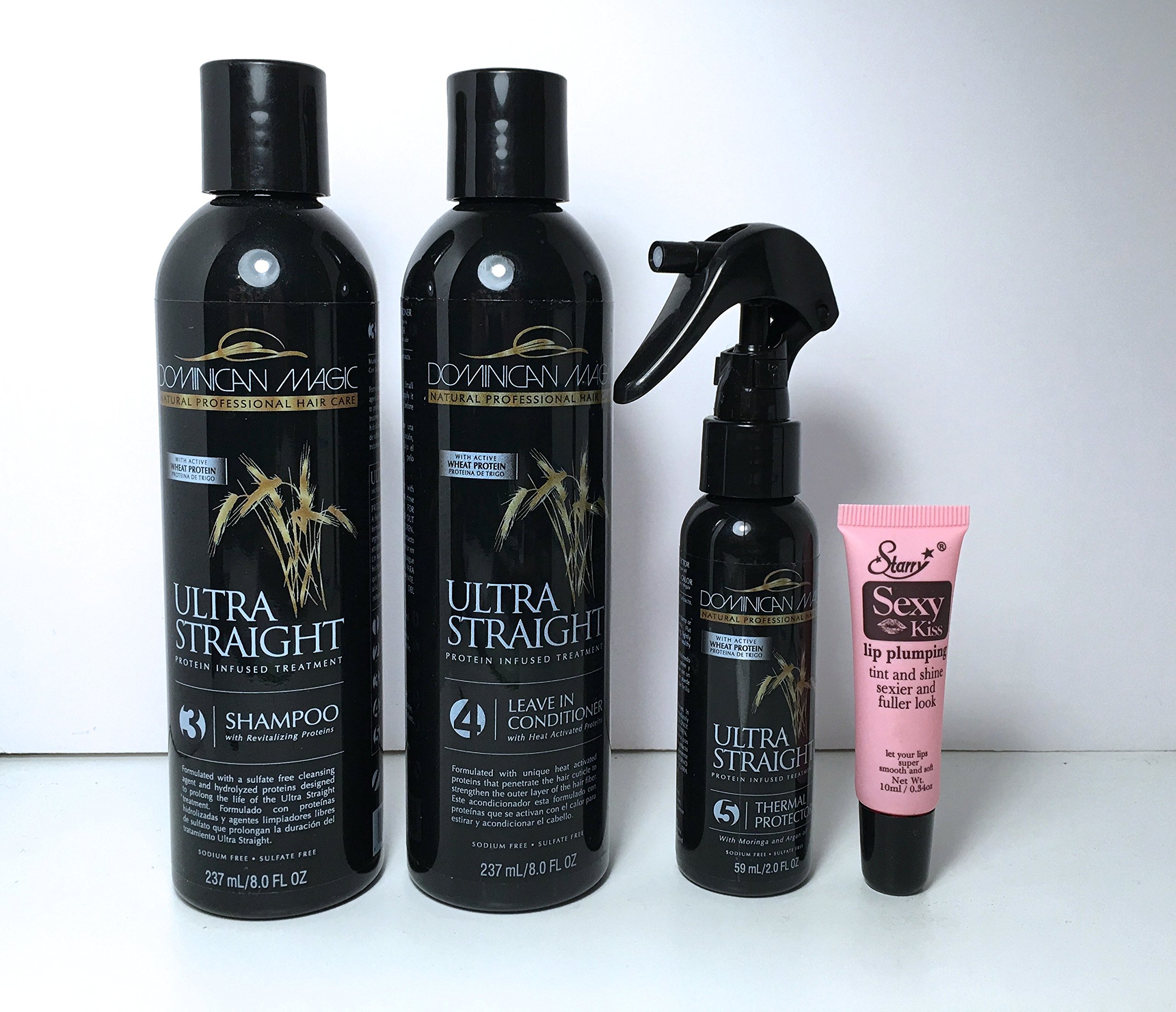 Dominican Magic Ultra Straight Hair Care Kit - 3 Shampoo (8oz), 4 Leave-In Conditioner (8oz) & 5 Thermal Protector (2oz) for Smooth, Silky Hair | Free Starry Sexy Kiss Lip Plumper (10ml) | Perfect for Salon-Quality Styling at Home