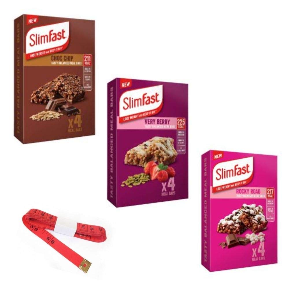 SlimFast Meal Replacement Bars Multipack - 4 Chocolate Chip, 4 Rocky Road, 4 Very Berry (12 Bars Total) | Low Calorie Weight Loss Snacks | Perfect for On-the-Go, Office & Diet Plans | Includes Free Measuring Tape