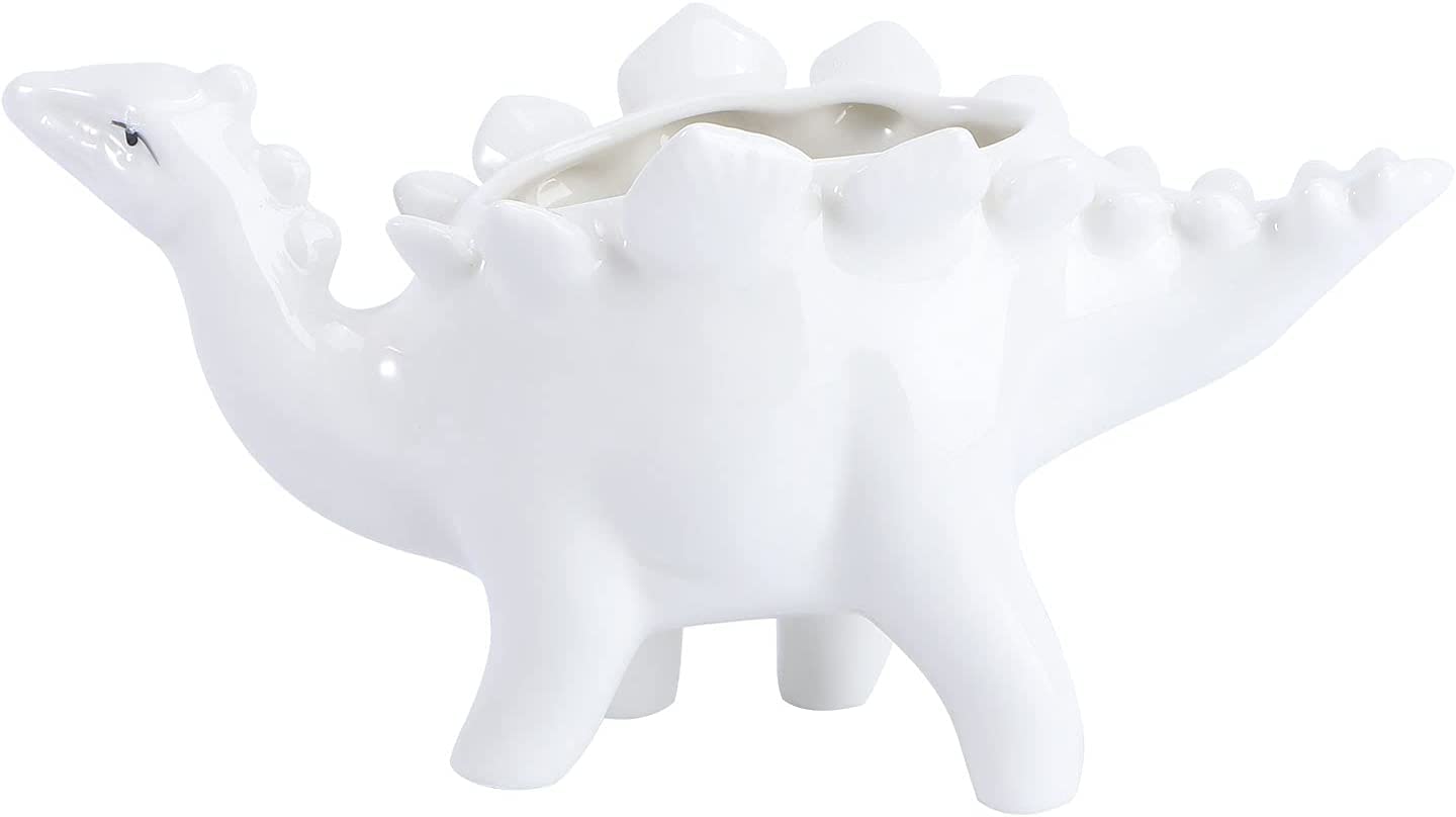 Dinosaur Ceramic Succulent Planter Pots - Small Decorative Flower Pots for House Plants, Cactus & Tiny Plants - White Mini Plant Container for Home Decor, Office Desk & Gift Giving