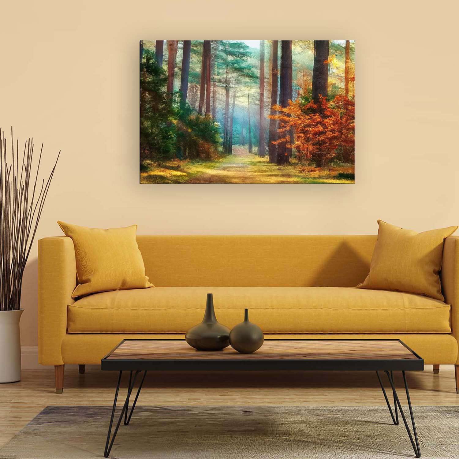 Abstract Forest Canvas Wall Art - Brown & Green Luminous Painting - 24x36 Inch Stretched Ready to Hang - Modern Home Decor for Bedroom & Living Room - Perfect for Nature-Inspired Interior Design & Cozy Ambiance