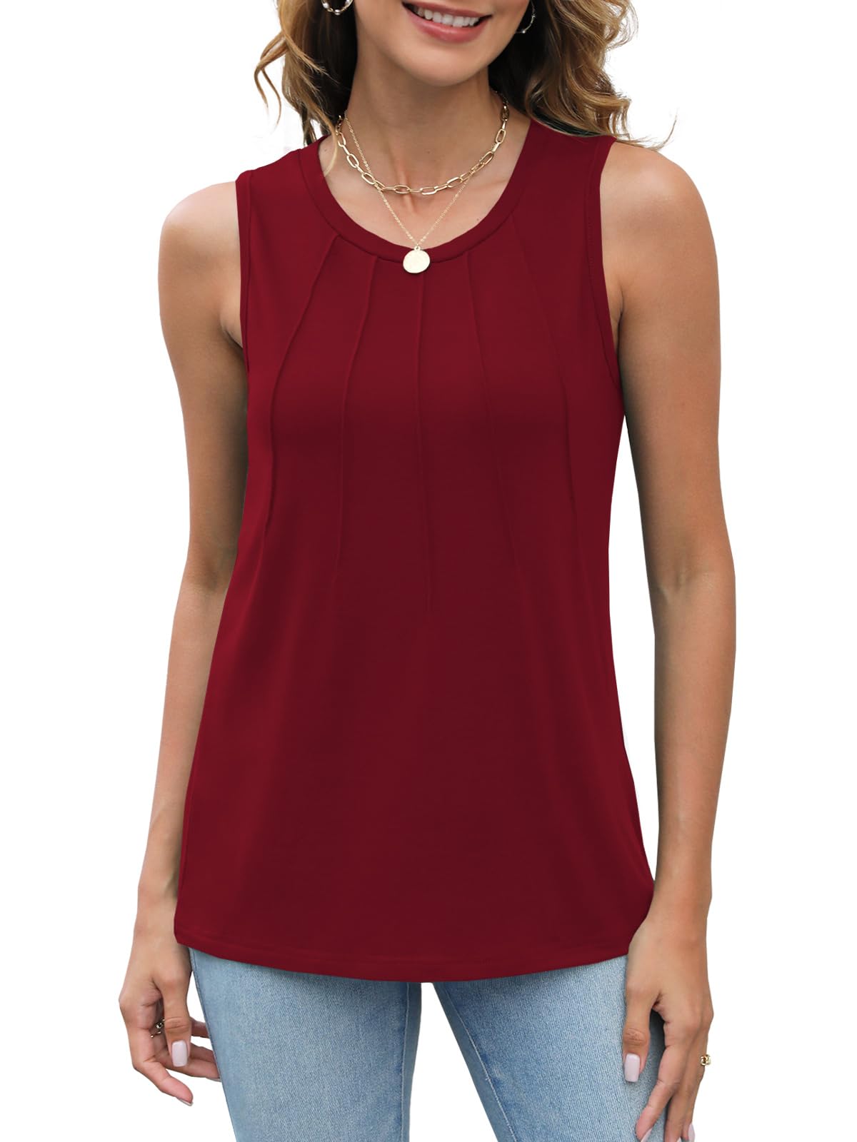 Heymiss Women's Summer 2024 Loose Fit Pleated Sleeveless Tank Tops - Round Neck Casual T-Shirts S-2XL for Beach, Vacation & Everyday Wear
