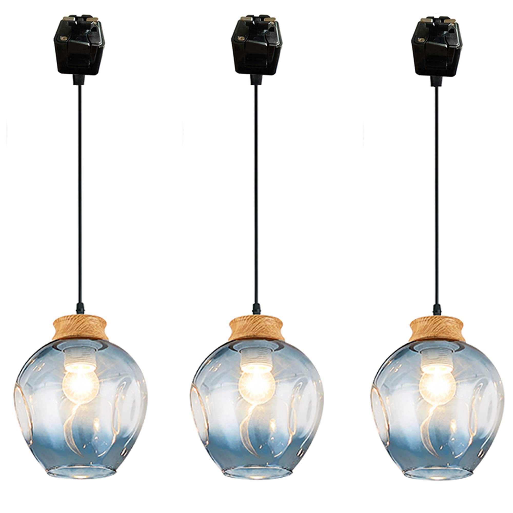 3-Lights J-Type Track Pendant Light Ceiling Lamp Set - Nordic Blue Glass Lampshade for Juno Track - Modern Loft Style Minimalist Retro Lighting Fixture (Bulbs Not Included) - Perfect for Kitchen Island, Dining Room, and Living Room Lighting