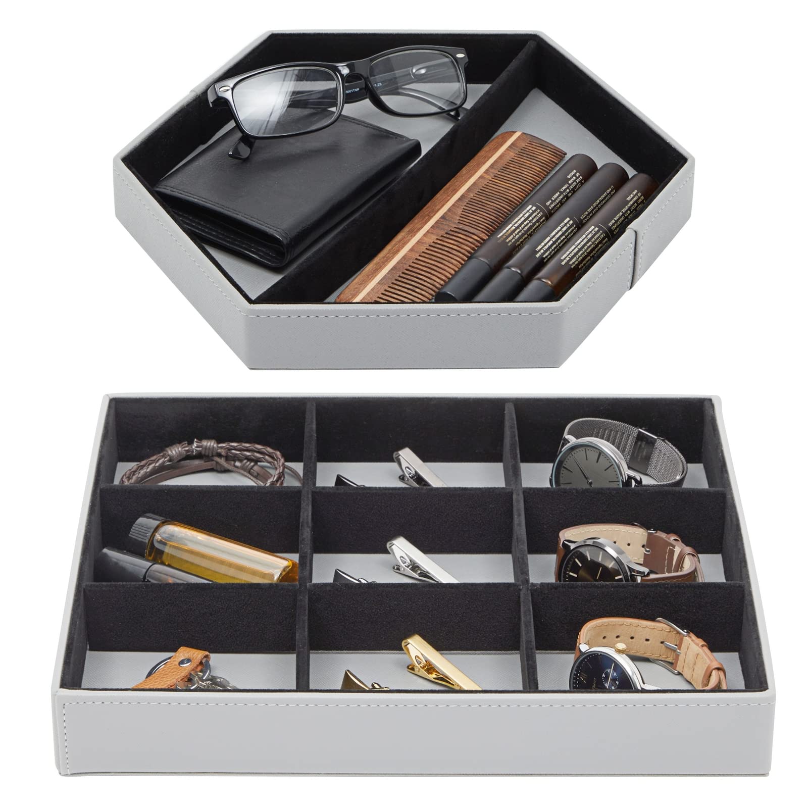 Juvale Set of 2 Gray Faux Leather Valet Trays for Men - Customizable Key & Wallet Organizer, Watch Catch All Tray, Nightstand Drawer Organizer - Perfect for Entryway Table, Dresser Top & Bedside Storage (2 Shapes)