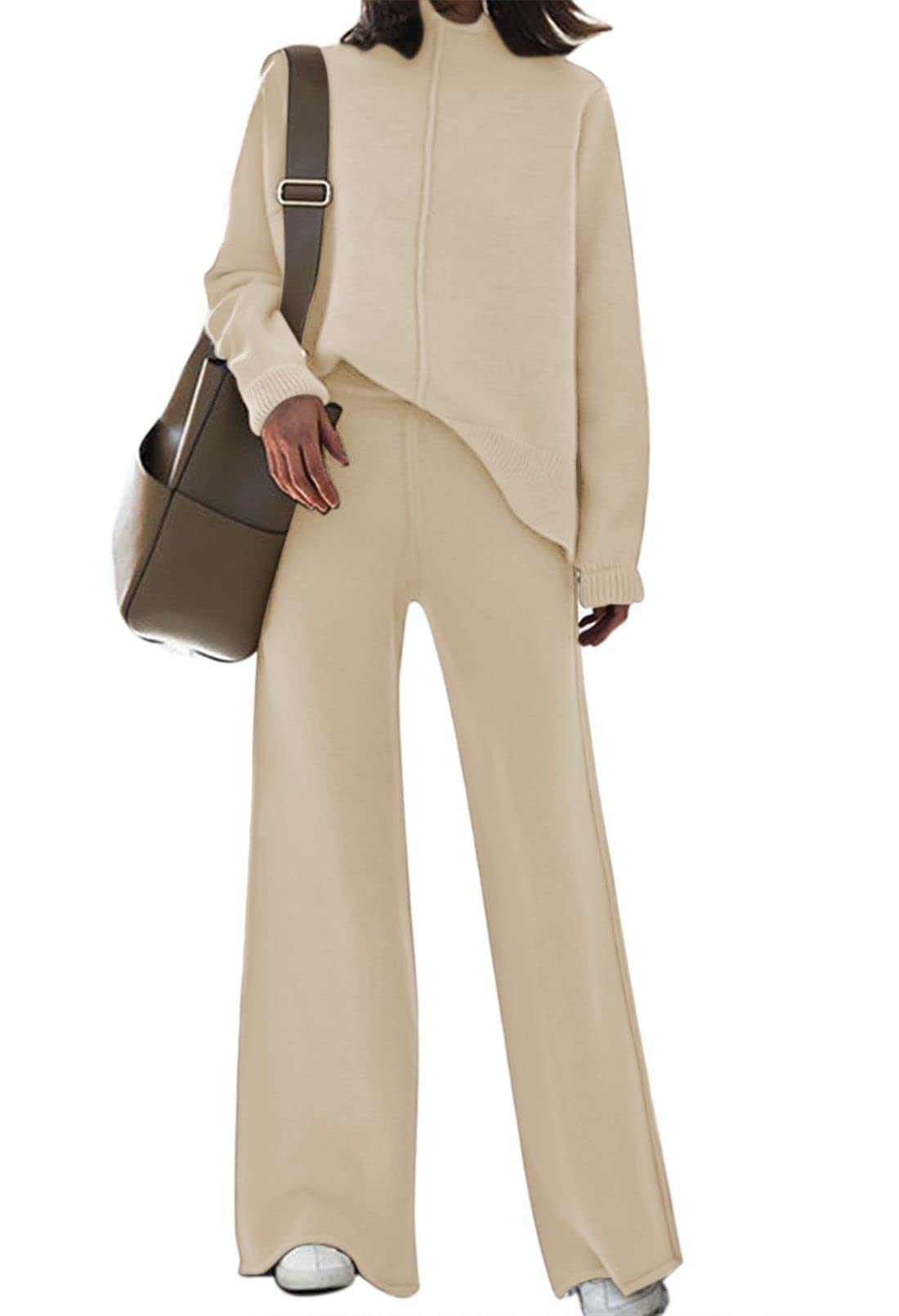 Fixmatti Women's Knit Sweatsuit Set - Turtleneck Sweater Top & Wide Leg Pants 2-Piece Outfit | Cozy Winter Loungewear for Home, Office & Casual Outings