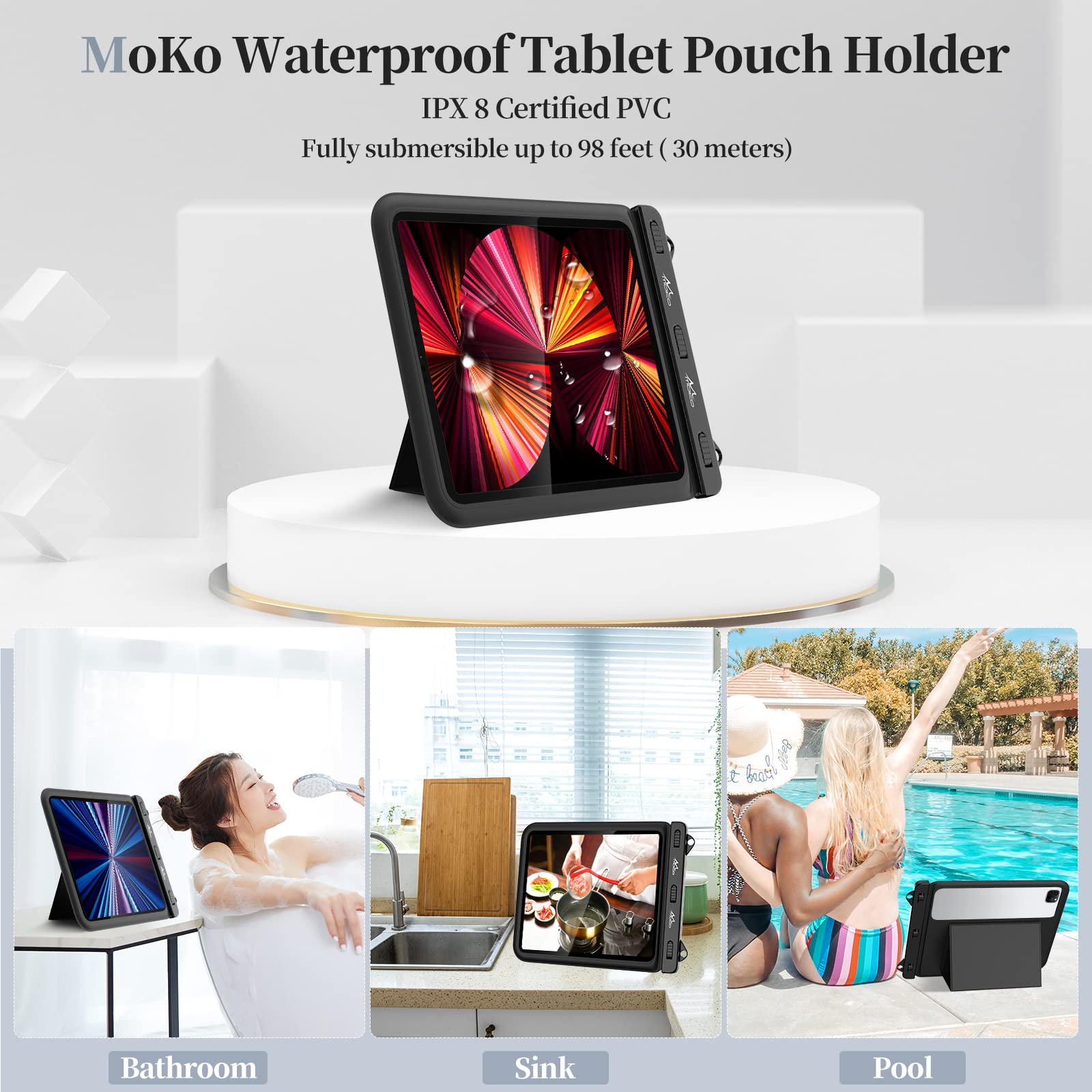 Waterproof Tablet Case for Fire HD 10, iPad 10th Gen, iPad Pro 11 (2022), iPad Air 5/4/3/2, iPad 10.2/9.7, Galaxy Tab S6/S7, Tab A 10.1 - Shockproof Stand Pouch with Handle for Bath, Kitchen, Pool & Outdoor Activities