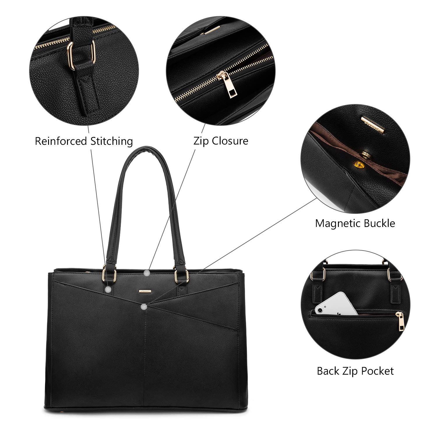 LOVEVOOK 15.6 Inch Waterproof Leather Laptop Tote Bag for Women - Stylish Business Office Work Briefcase with Multiple Pockets (Black) - Perfect for Commuting, Business Trips and Professional Work Settings