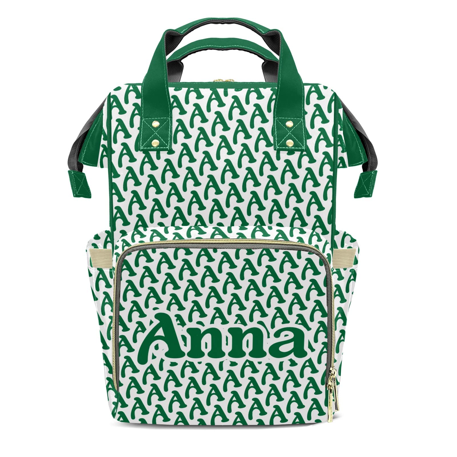 Stylish Green Alphabet Print Diaper Backpack - Personalized Baby Bag for Moms & Dads | Perfect for Nursing, Travel & Everyday Use