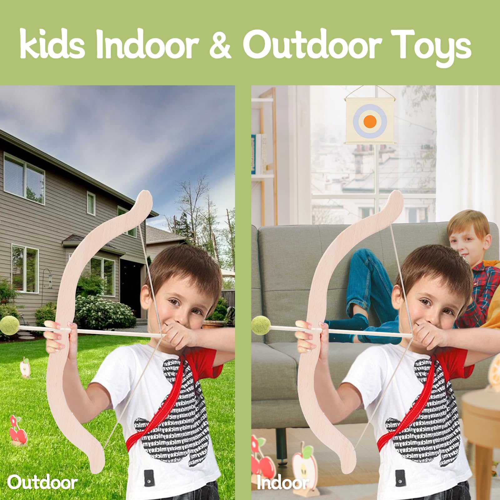 Safe Wooden Bow and Arrow Set for Kids Ages 3+ | Indoor & Outdoor Archery Toy with 5 Arrows, 5 Fruit Targets & Cotton Quiver | Perfect Birthday Gift for Boys & Girls | Fun Backyard Games & Pretend Play