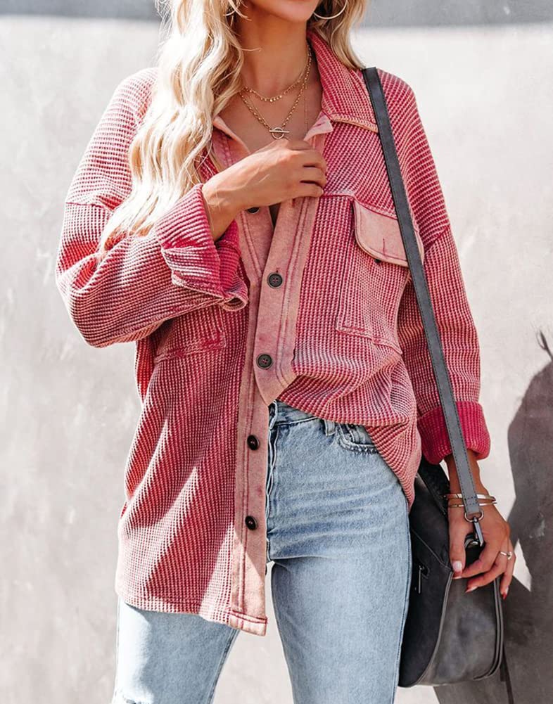 LifeShe Women's Button Down Long Sleeve Waffle Knit Shirt Jacket - Casual Shacket Coat for Fall & Winter - Perfect for Layering, Office Wear, and Weekend Outfits