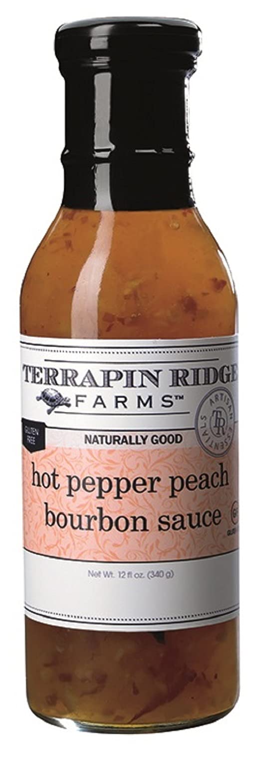 Terrapin Ridge Farms Hot Pepper Peach Bourbon Sauce - 12oz Bottle | Spicy Sweet Glaze for Wings, Ribs & BBQ | Gourmet Condiment for Grilling & Entertaining