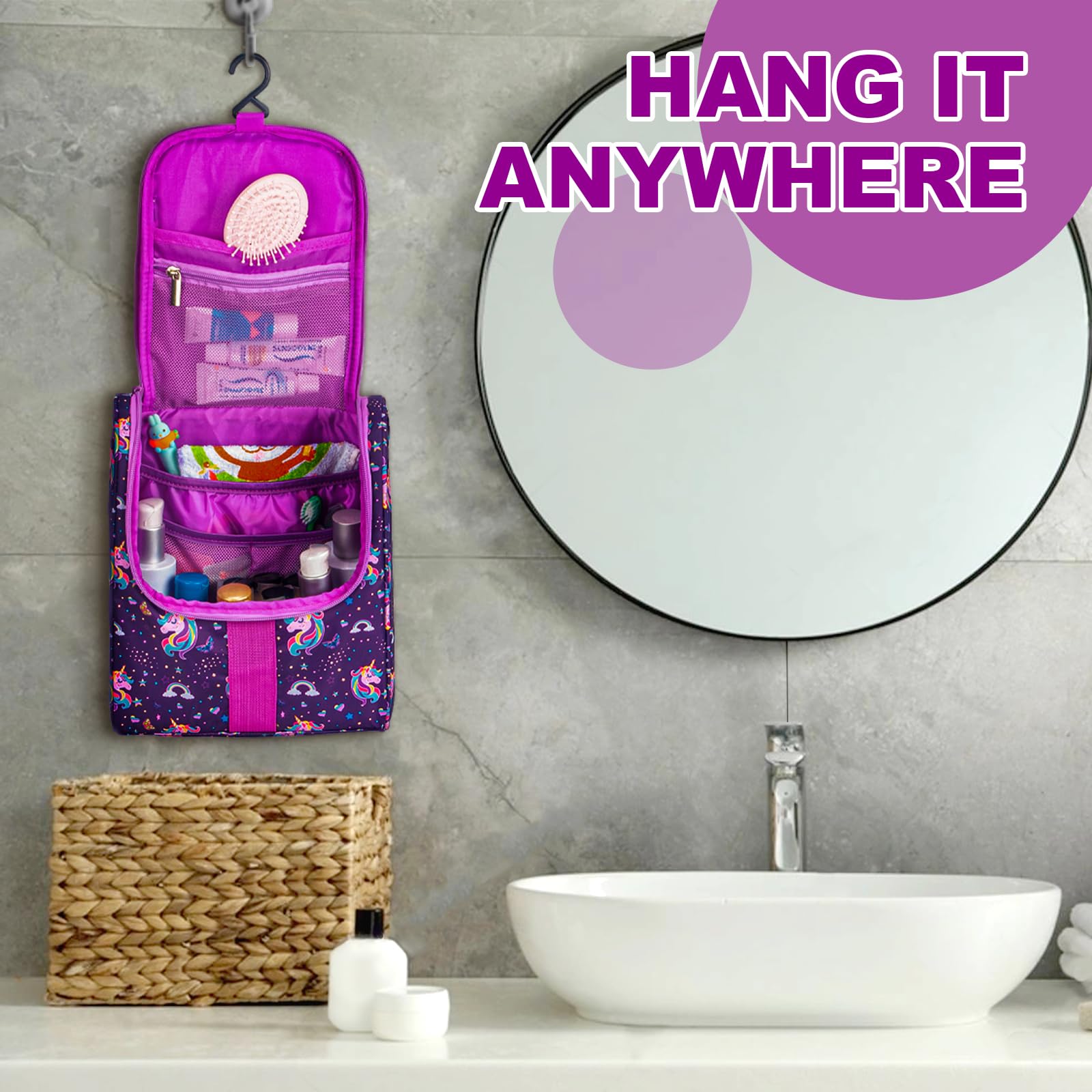Unicorn Kids Travel Toiletry Bag - Cute Cartoon Hanging Cosmetic Organizer for Boys & Girls | Perfect for Camping, Overnight Trips & Shower Essentials