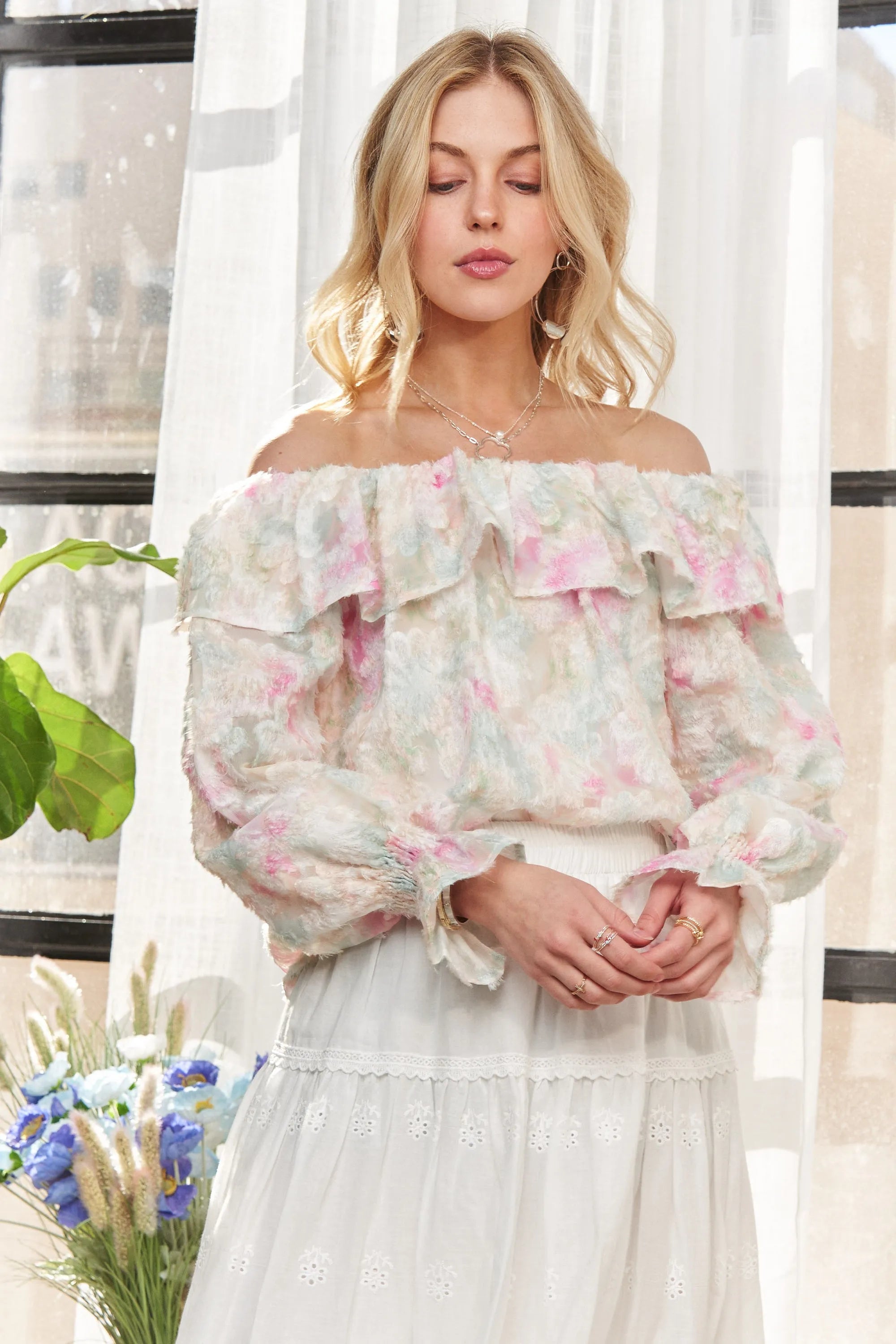 Elegant Ruffled Off Shoulder Floral Blouse for Women - Summer Boho Chic Top - Perfect for Date Night, Beach Vacation & Outdoor Parties