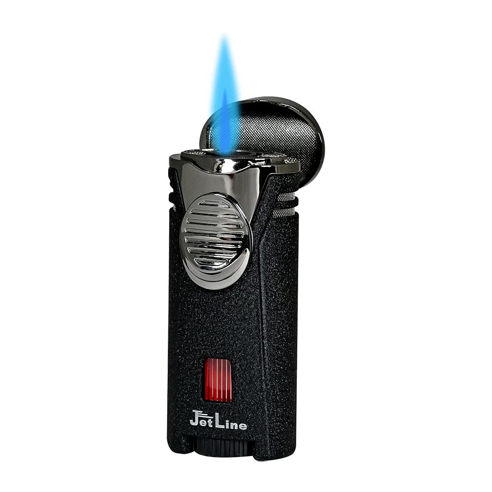 Jetline Bugle Single Torch Lighter with Built-in Cigar Rest - Black Windproof Butane Lighter for Cigars, Cigarettes & Outdoor Use - Perfect for Camping, BBQ & Travel