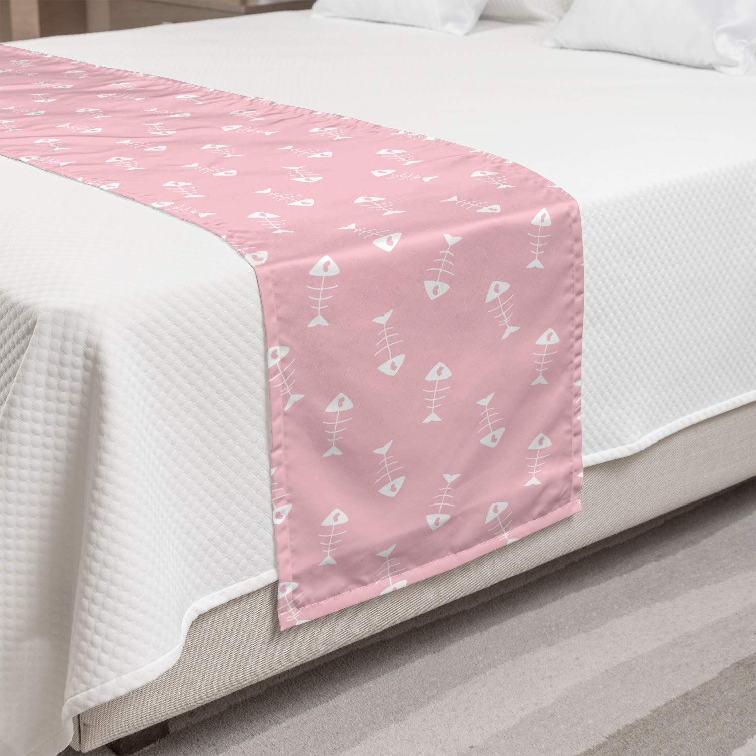 Ambesonne Pink and White Bed Runner - Fish Bone Skeleton & Hearts Abstract Design, Decorative Bed Scarf for Hotels, Homes & Guest Rooms | Perfect for Bedroom Decor, Wedding Accents & Cozy Home Styling
