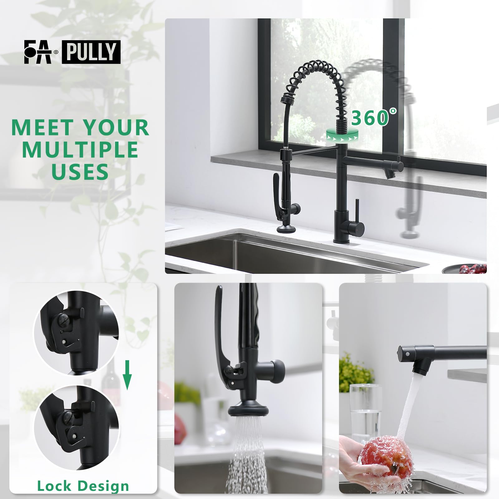 Fapully Black Kitchen Faucet with Deck Plate - Modern Matte Black Pull Down Sprayer Faucet for Sink, High Arc Brushed Nickel Gooseneck Design - Perfect for Home Kitchen, Restaurant & Commercial Use