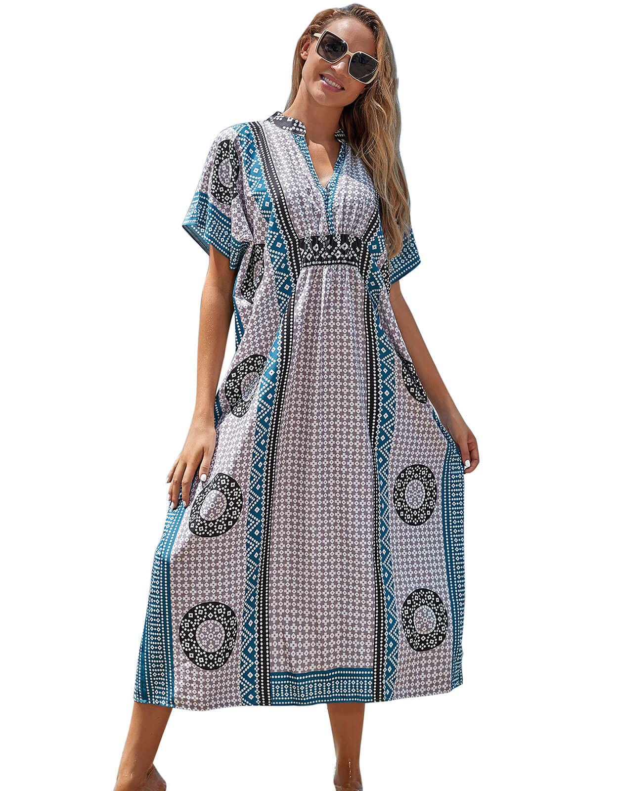 Drvitor Women's Ethnic Print Kaftan Dress - Long Loose Batwing Sleeve Beach Cover Up - Maxi Swimsuit Cover Up for Summer Vacation, Pool Party & Boho Fashion (One Size)