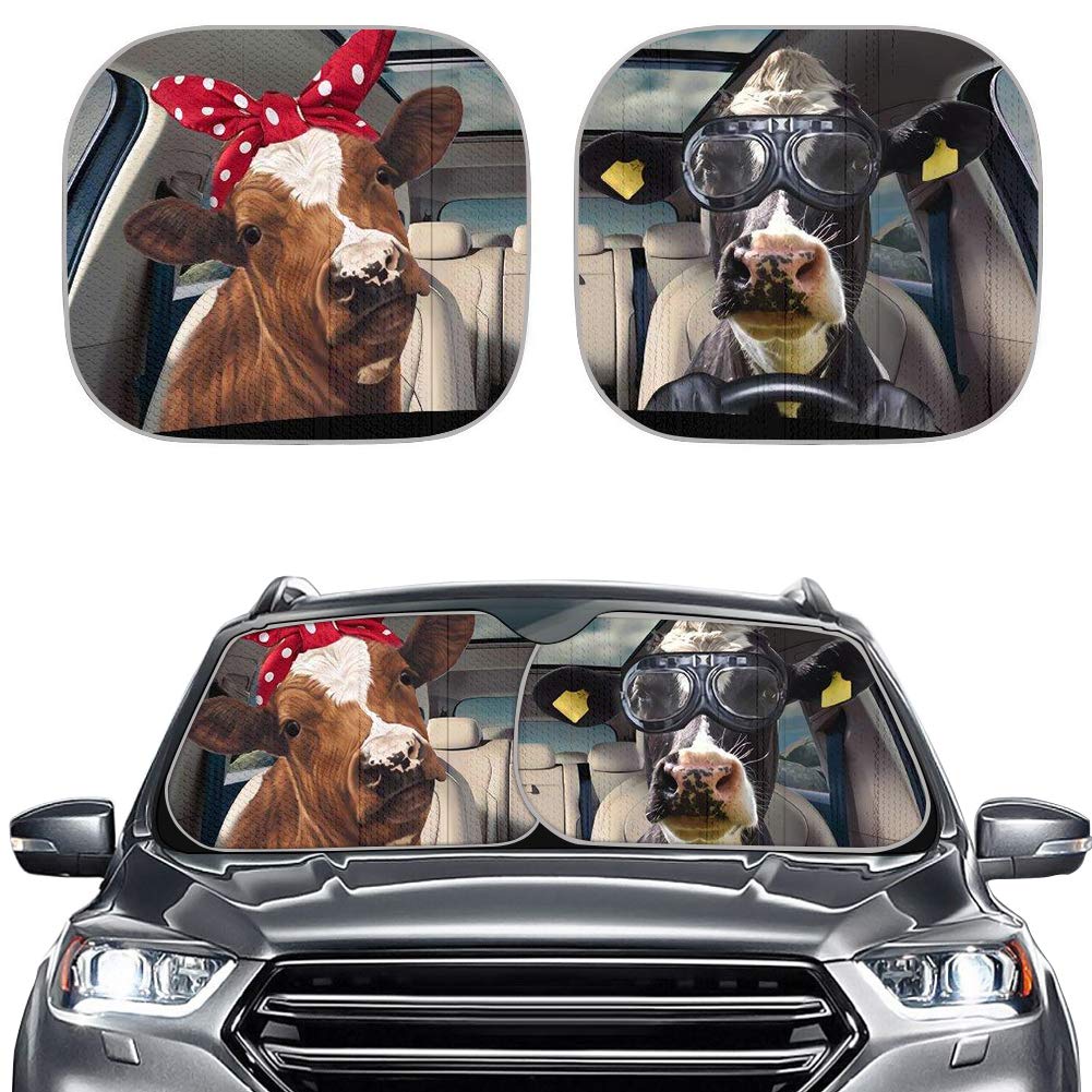 FKELYI Funny Cow Design Car Sun Shade - 2 Pack UV Protection Windshield Sun Visor for Front Window, Blocks Sun Glare & Heat - Perfect for Summer Driving, Road Trips & Parking