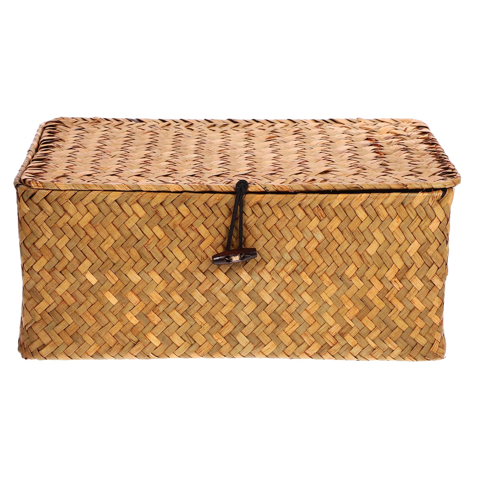 FOMIYES Seagrass Storage Baskets with Lid - Natural Woven Rectangular Wicker Bins for Home Organization | Shelf, Wardrobe & Closet Organizer | Perfect for Bedroom, Bathroom & Living Room Storage (Large Size)