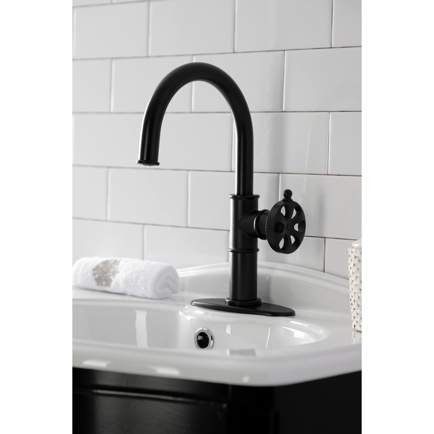 Belknap KSD2230RX Single Handle 1-Hole Bathroom Sink Faucet with Deck Plate & Push Pop-Up Drain - Matte Black Finish for Modern Bathroom & Powder Room Upgrades