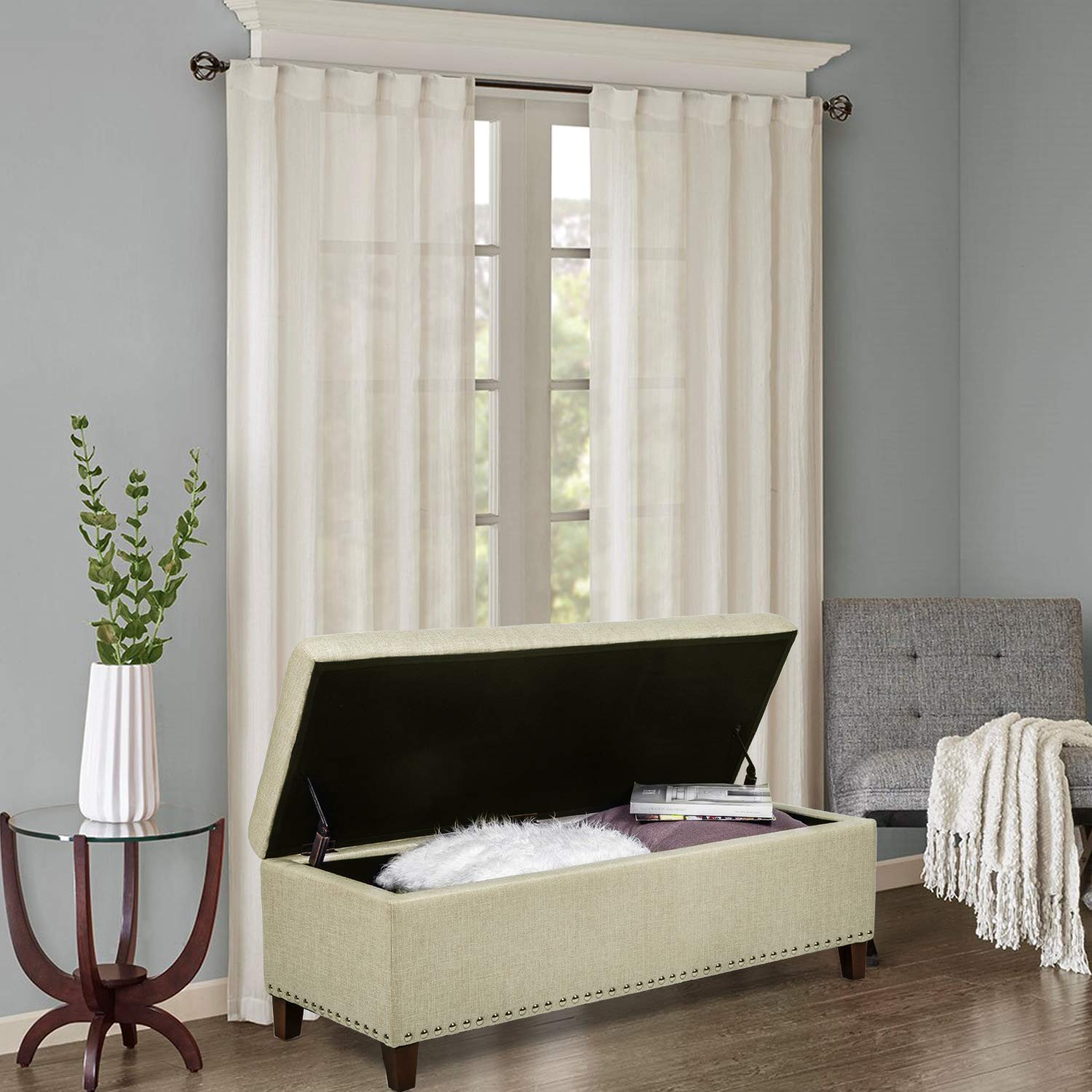 Homebeez Fabric Tufted Storage Ottoman Bench with Nailhead Trim - Multi-Functional Foot Rest Stool & Coffee Table Organizer (Beige Brown) - Perfect for Living Room, Bedroom & Entryway Storage
