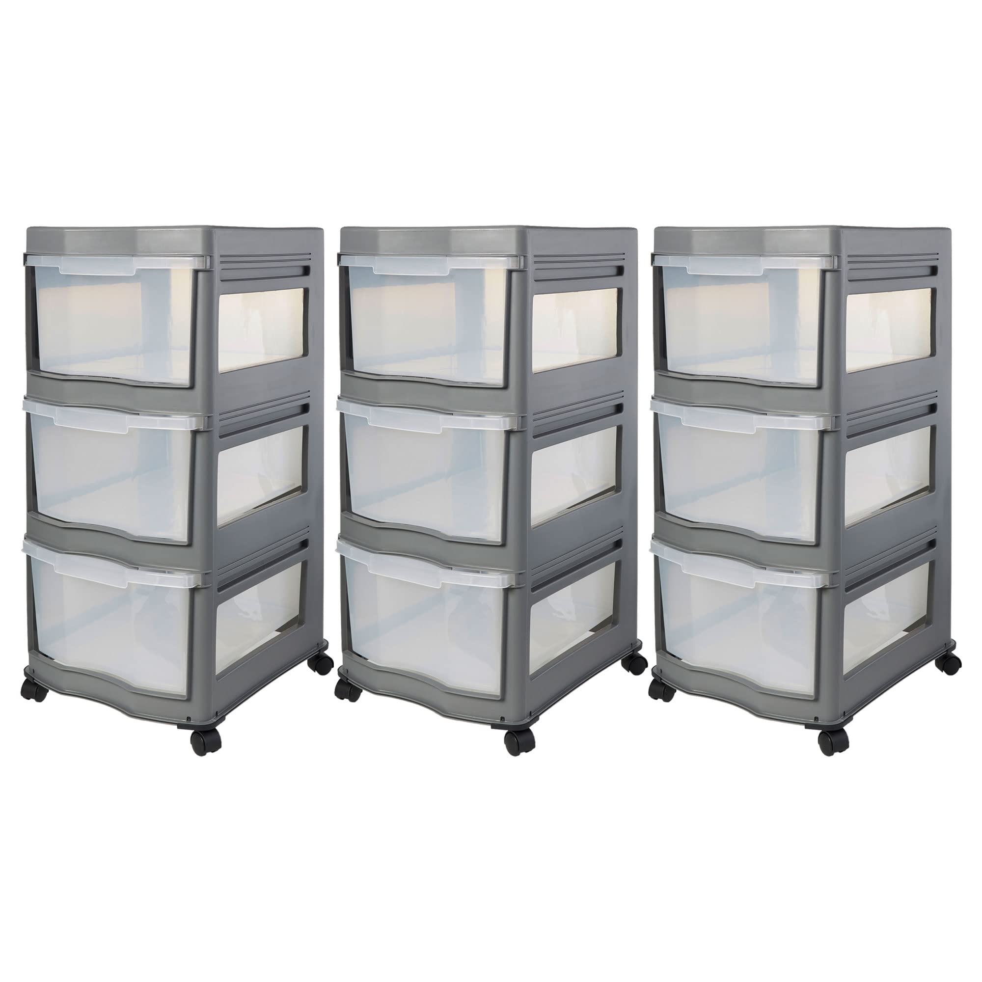 3-Tier Plastic Storage Organizer with Drawers - Gray (3 Pack) - Perfect for Bedroom, Bathroom, and Office Organization